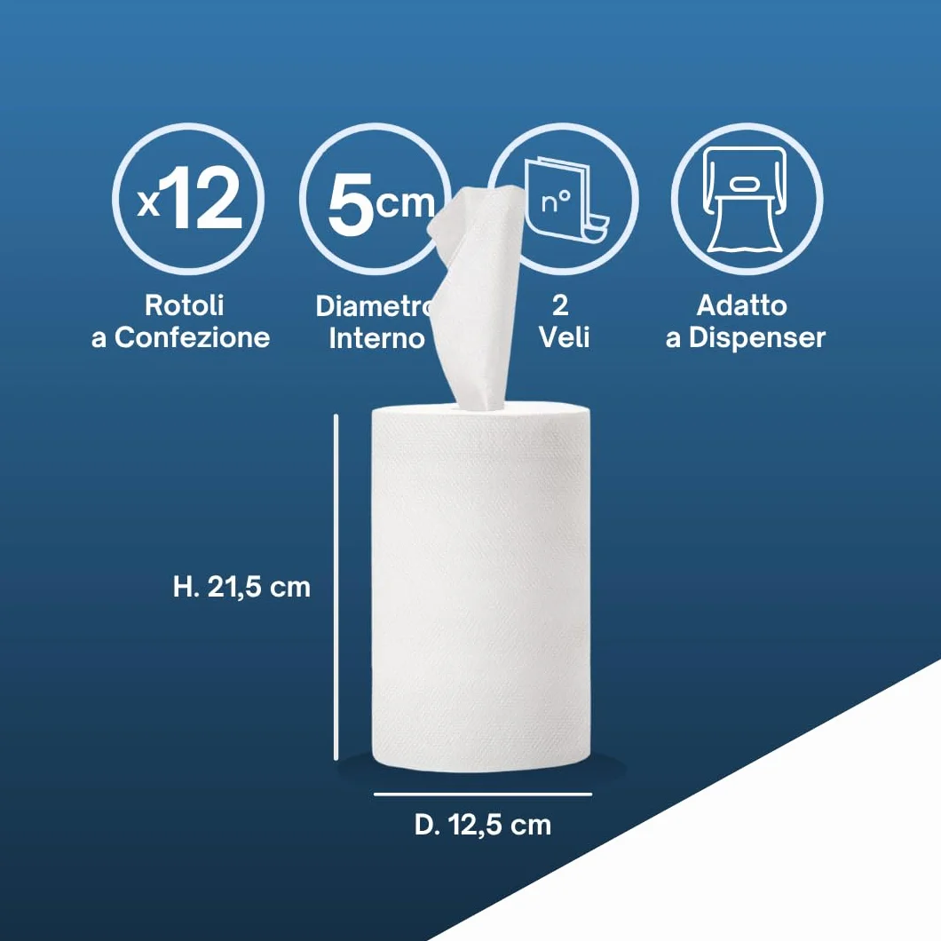 Rotoli Asciugamani Carta 2 Veli Pura Cellulosa 220 Strappi 21,5 x 31,5 cm 1 Pack