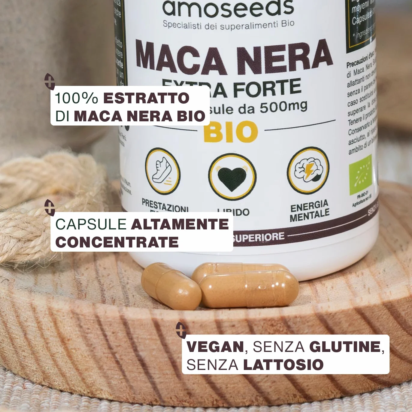 Maca Peruviana Nera BIO, 10 000mg al giorno | Estratto di radice di Qualità superiore | Equilibrio Ormonale, Energia, Benessere, | 120 Maca Capsule Vegane