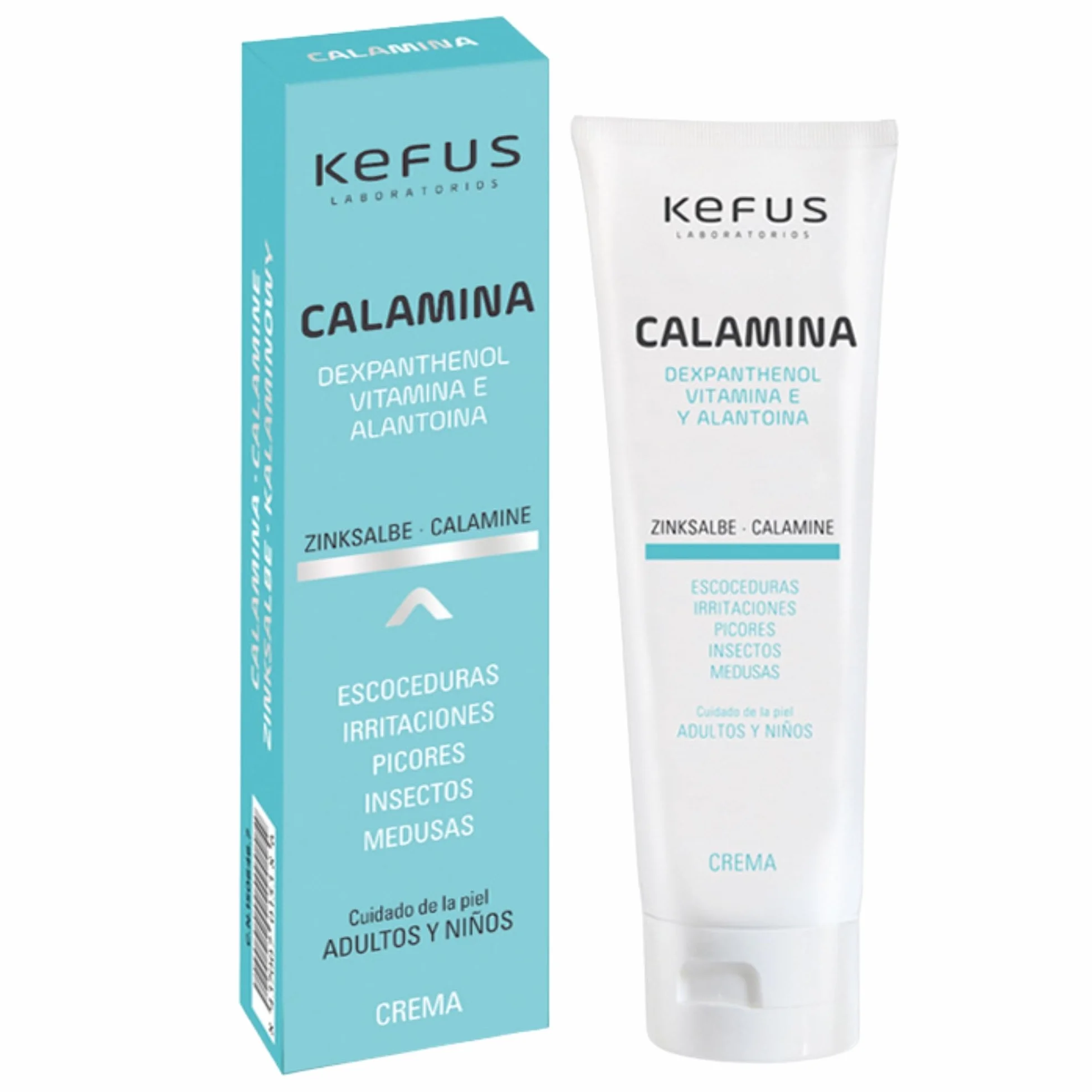 Kefus Crema Calamina con Dexpantenolo, Allantoina e Vitamina E. Astringente, assorbente e protettiva per la pelle. Previene e migliora le eruzioni cutanee, allevia le punture di insetti e meduse. 75 g