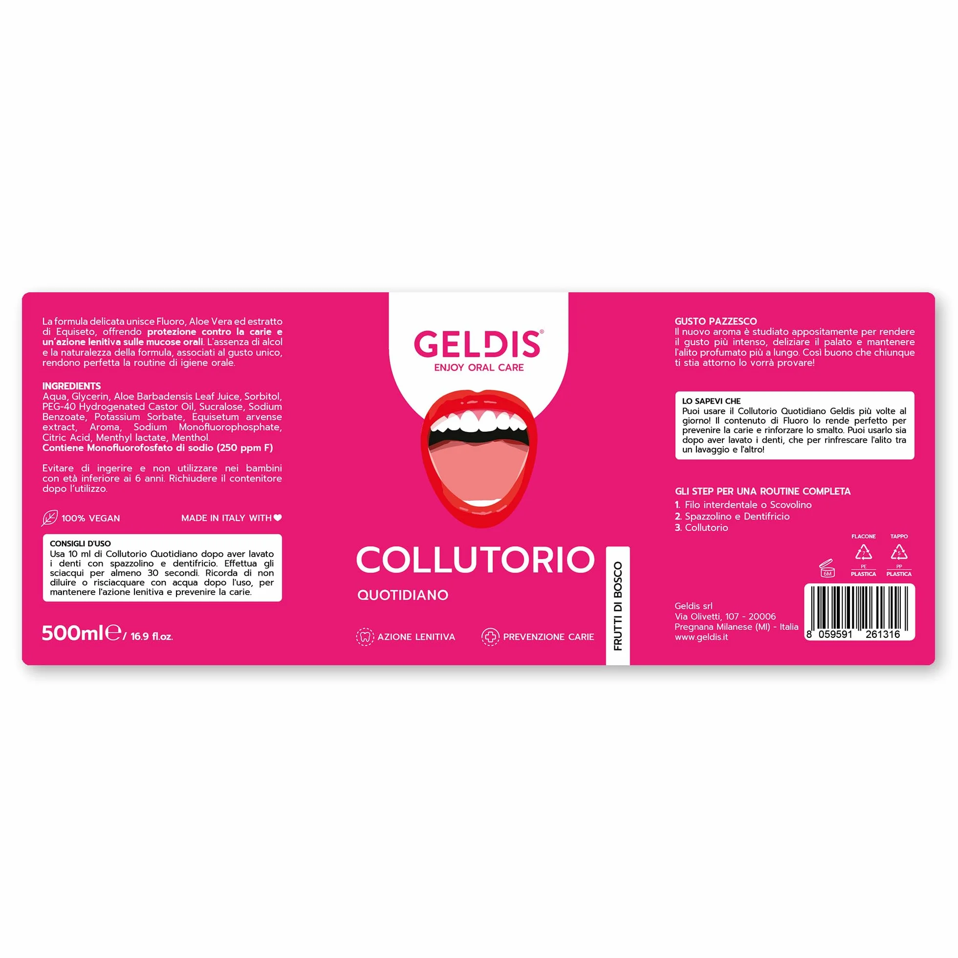 GELDIS Collutorio senza Alcool 500 ml con Fluoro, Aloe Vera ed Equiseto