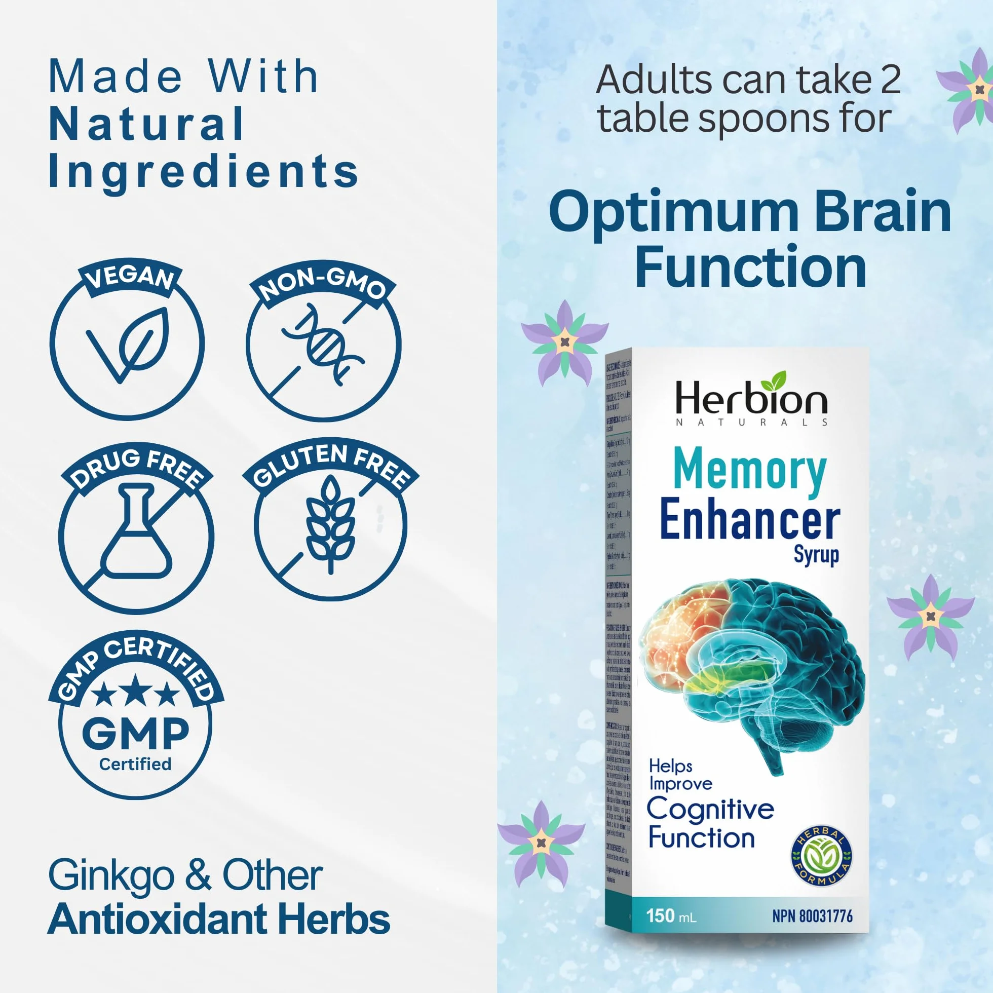 Herbion Naturals Amplificatore di memoria aiuta a migliorare le funzioni cognitive Sciroppo di liquirizia per adulti 150ml
