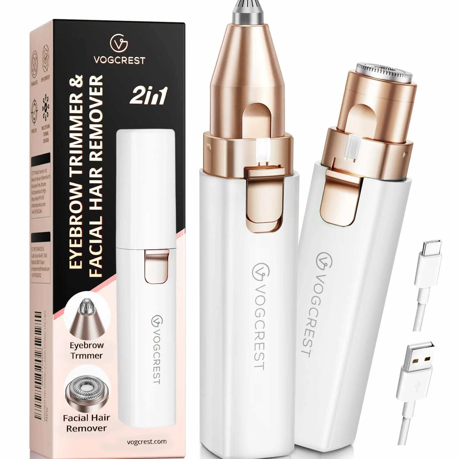 Rasoio per viso per donna: Rasoio elettrico 2 in 1 per il viso e le sopracciglia - luce LED integrata per la rimozione dei peli del viso delle labbra e del corpo delle (Bianco)