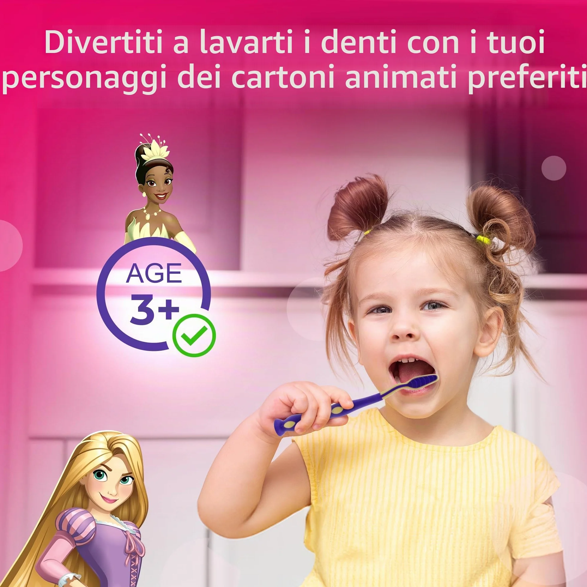 Spazzolino da denti Princess con tappo di protezione, ventosa, manico comodo e setole morbide per bambini