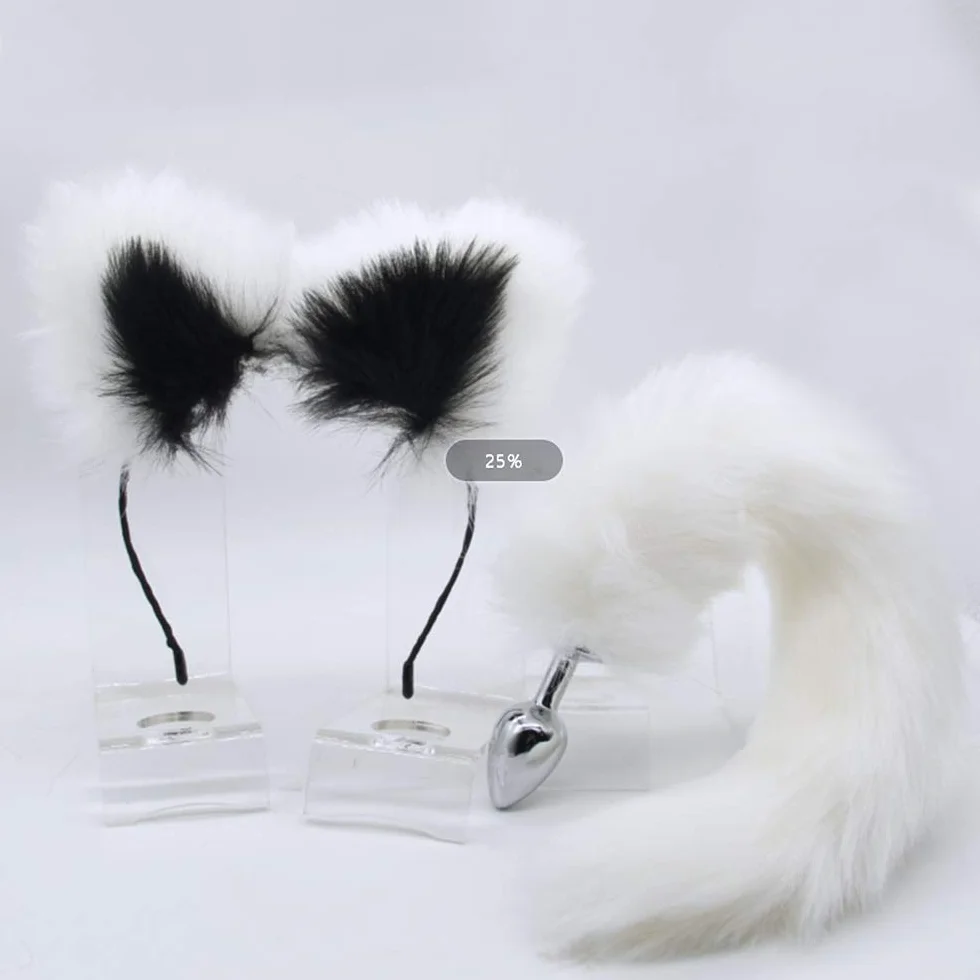 Amale Plṳg Giocattolo di Cősplay in metallo e lana artificiale per donna Coṳple Tail Pour facile da trasportare in bianco e nero