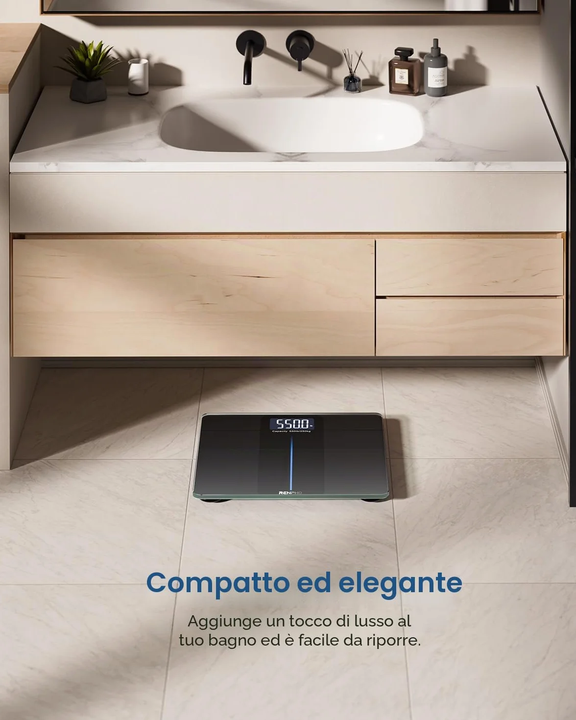 RENPHO Bilancia Pesapersone Digitale 250kg Vetro Temperato 8mm Display LED Precisione 50g 33x30cm Core 1 L