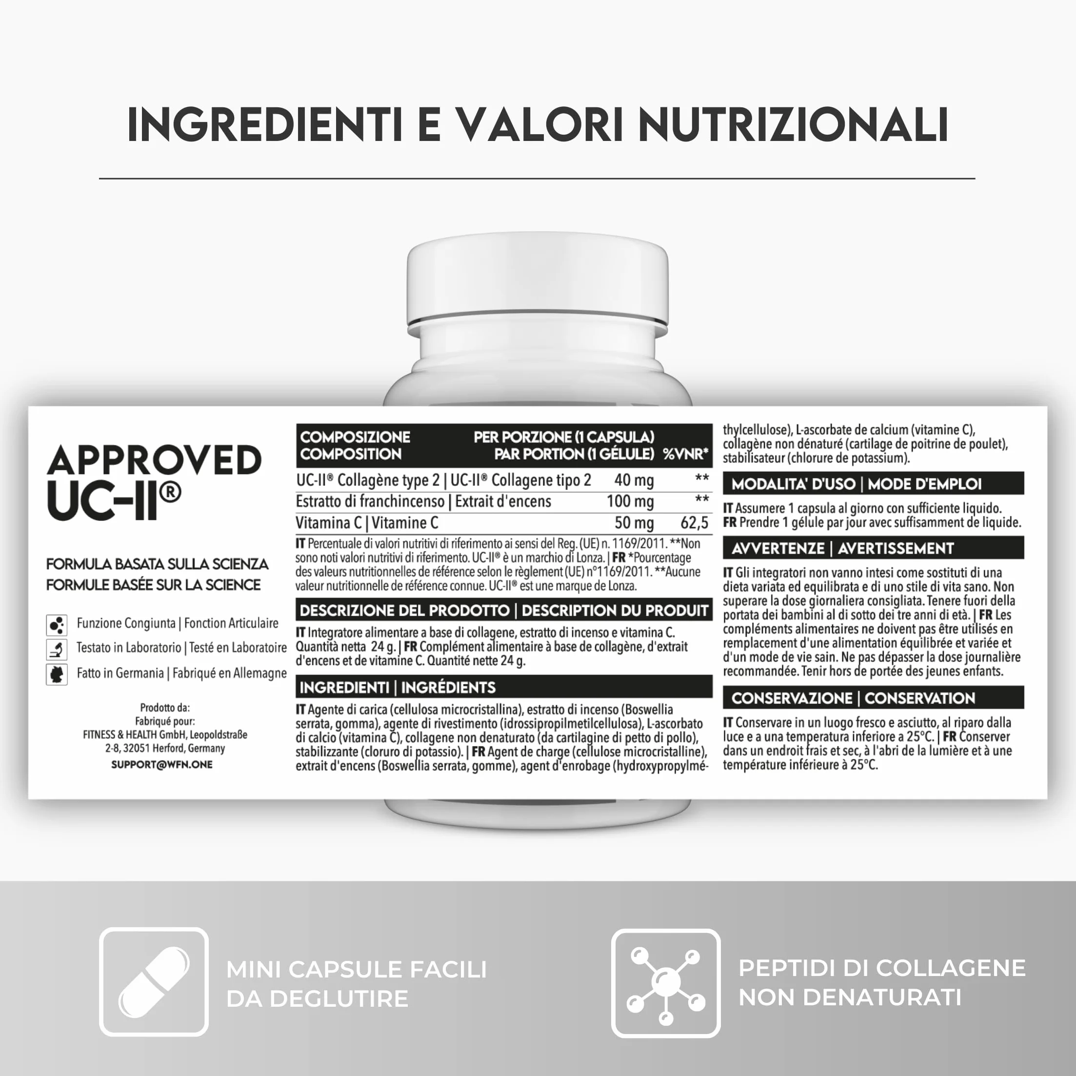 UC-II Collagene tipo 2 non denaturato 60 capsule Complesso articolare con Vitamina C e Boswellia Serrata