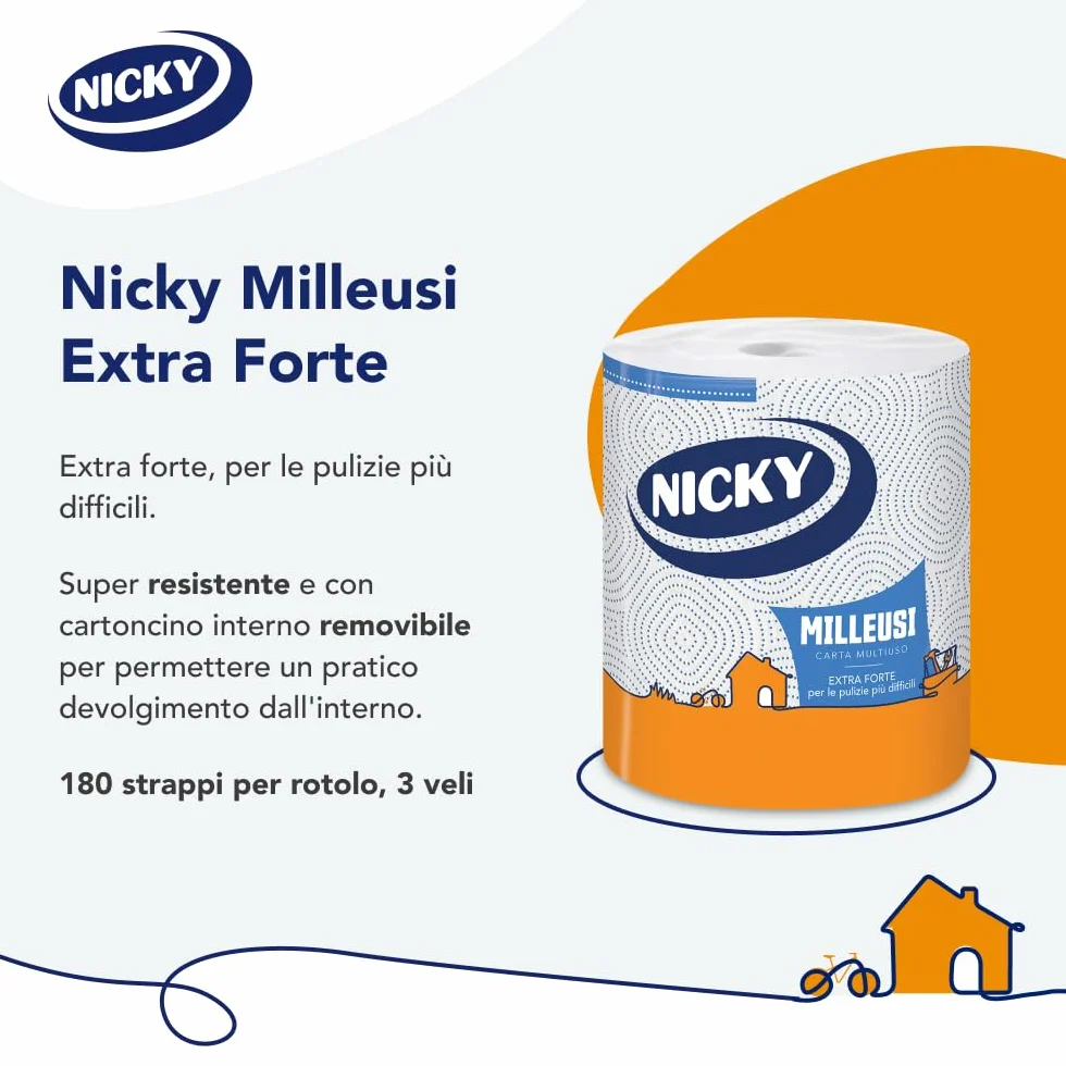 Nicky Milleusi Forte Carta Multiuso 8 Rotoli 3 Veli 180 Fogli FSC