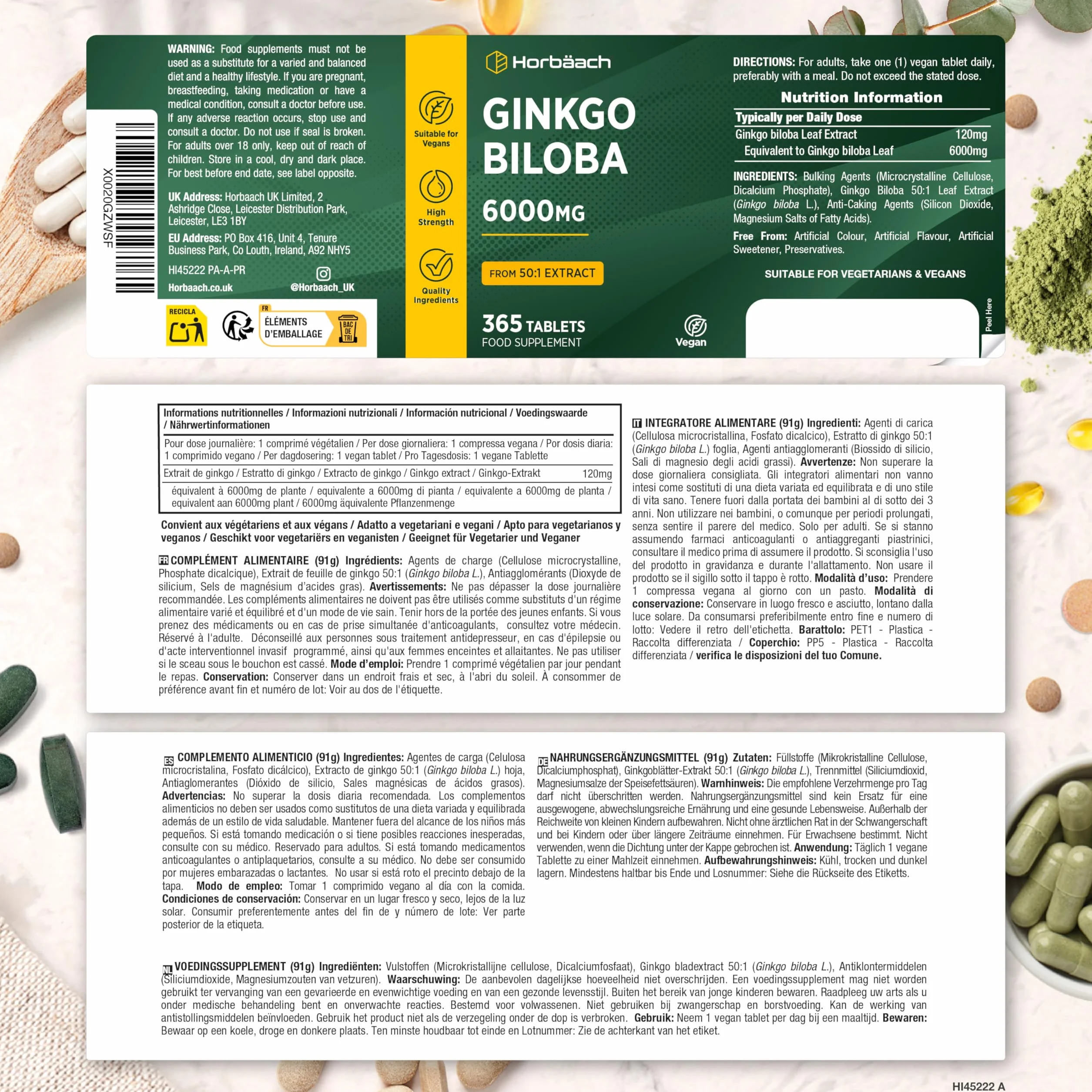 Horbaach Ginkgo Biloba 6000mg 365 Compresse Vegane Estratto 50:1 Alto Dosaggio