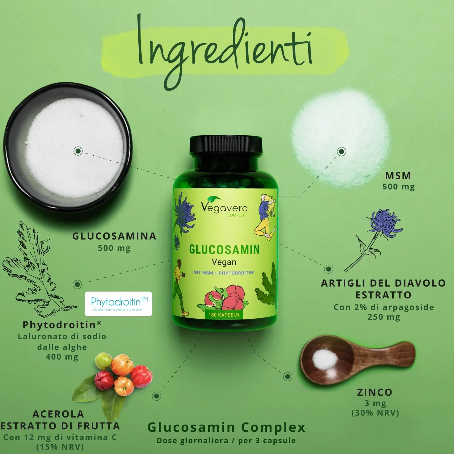 Glucosamina Condroitina Complex VEGAN | con MSM, Artiglio del diavolo, Zinco e Vit C | Integratore Articolazioni | Alto dosaggio di Glucosamin Solfato | Cruelty Free e Senza Additivi | Vegavero