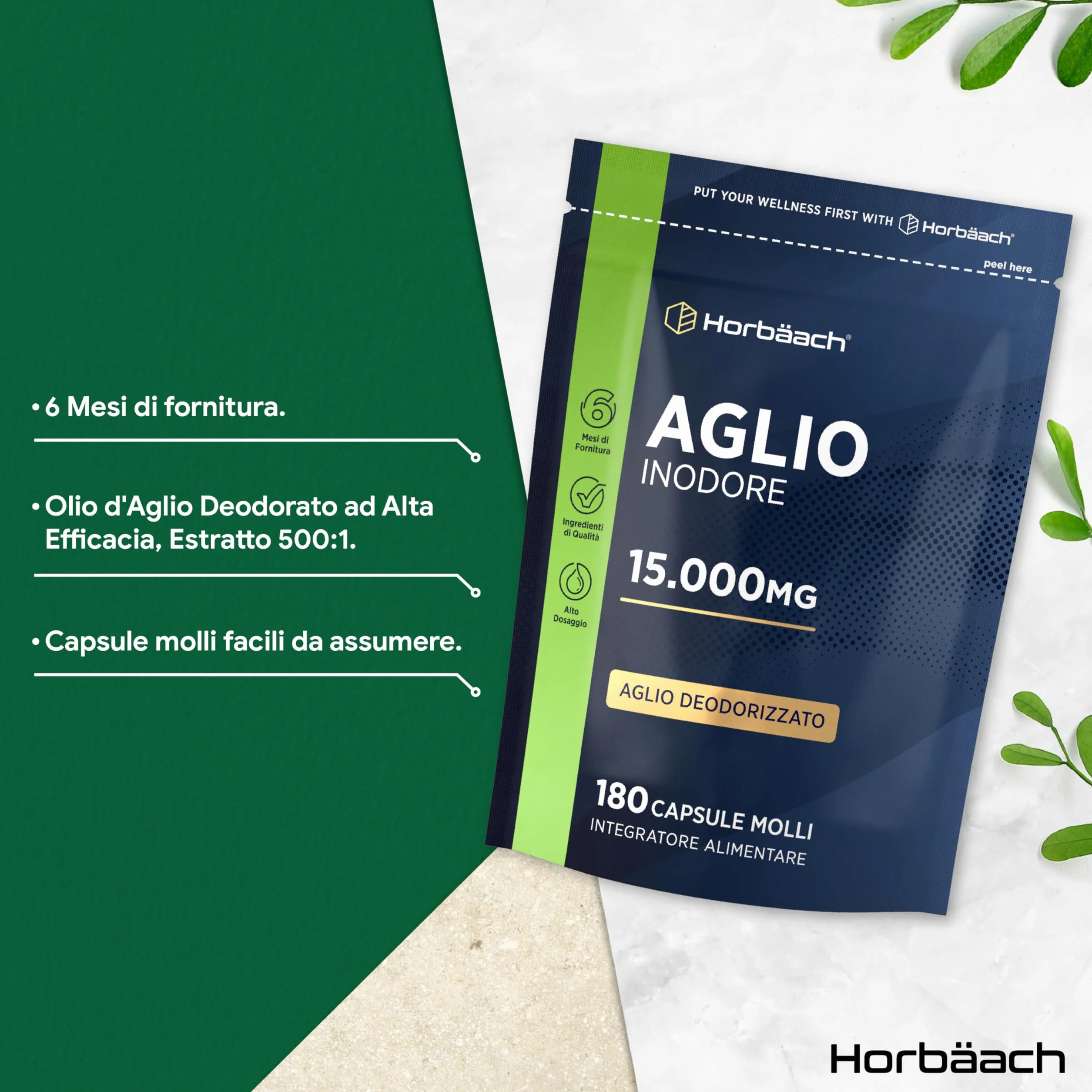 Aglio Capsule Inodore 15000mg | 180 Capsule Molli per 6 Mesi | Estratto di Aglio Deodorizzato ad Alto Dosaggio | Ricavato da Allium Sativum | Odorless Garlic Softgels | by Horbaach