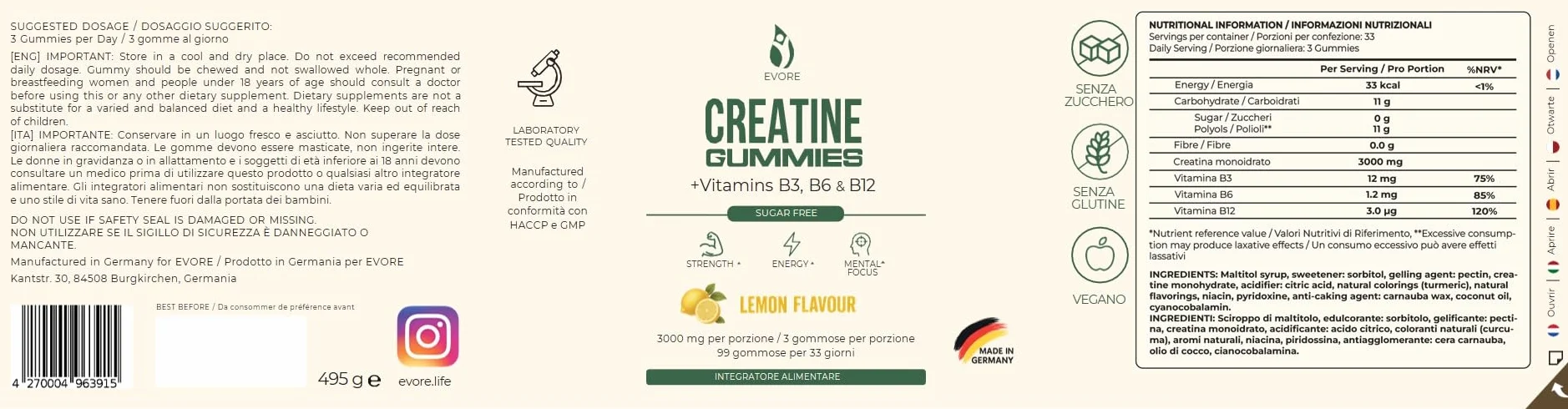 Creatina Gommose – 3000 mg di creatina per porzione – 99 gommose – Testate in laboratorio, prodotte in Germania – con vitamine B3, B6 e B12 – Alternativa a capsule e polvere – Gusto limone