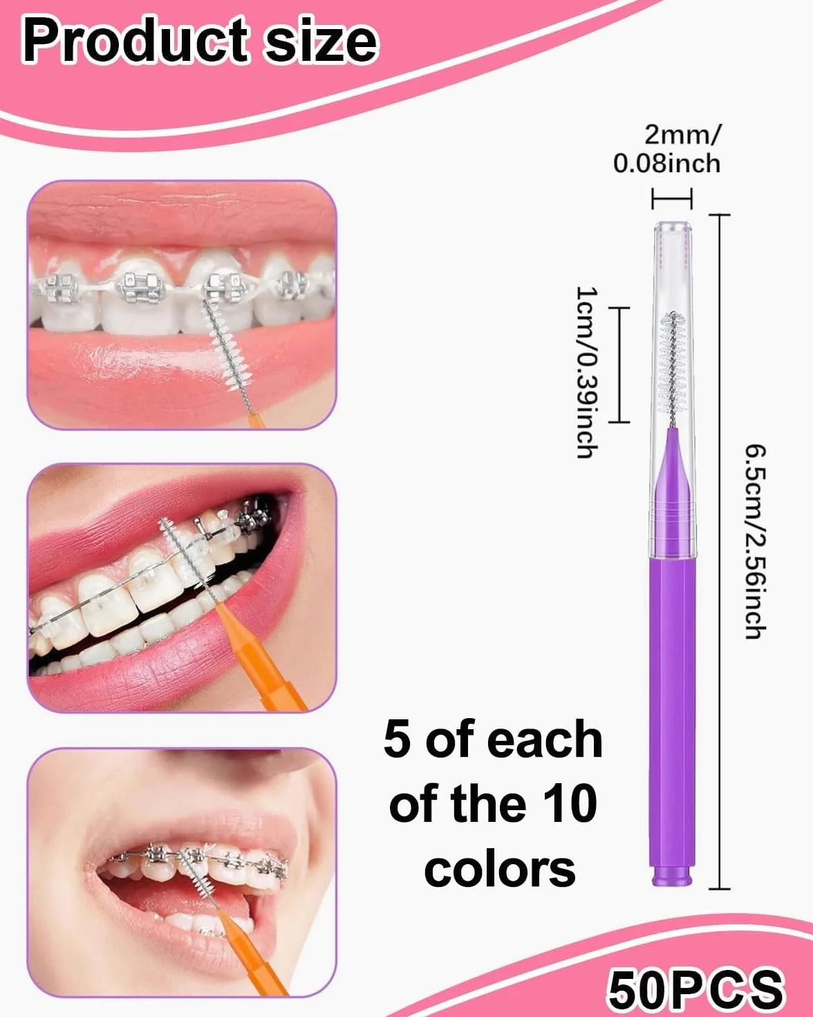50 Pezzi Scovolini Interdentali,Scovolino per Pulizia Denti con Coperchio per Apparecchi Dentali,Scovolino Denti Morbido per Pulizia Interdentale,L'Igiene Orale(10 Colori)