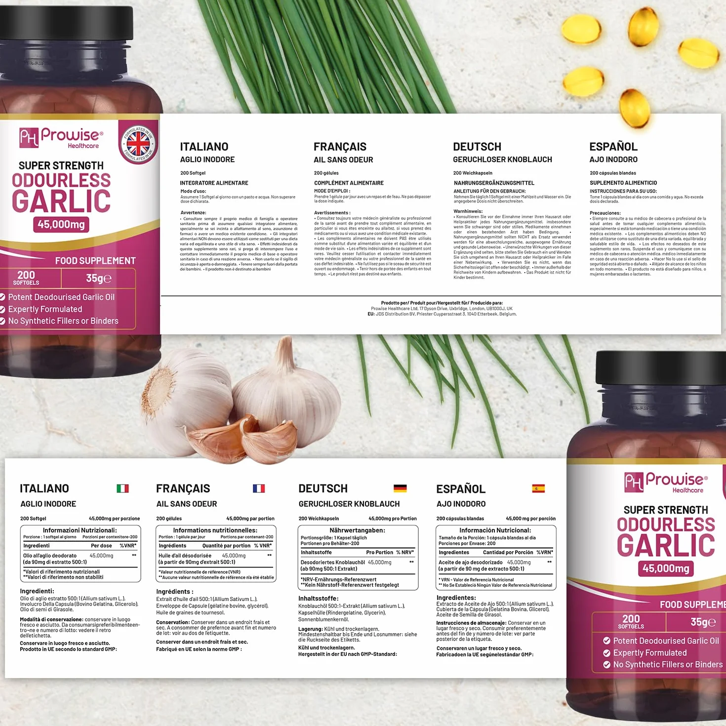Capsule di aglio inodore premium | 45.000 mg per capsula molle | 200 softgel (non compresse) ad altissima resistenza | Estratto di olio di aglio premium pressato a freddo e deodorato da Allium Sativum