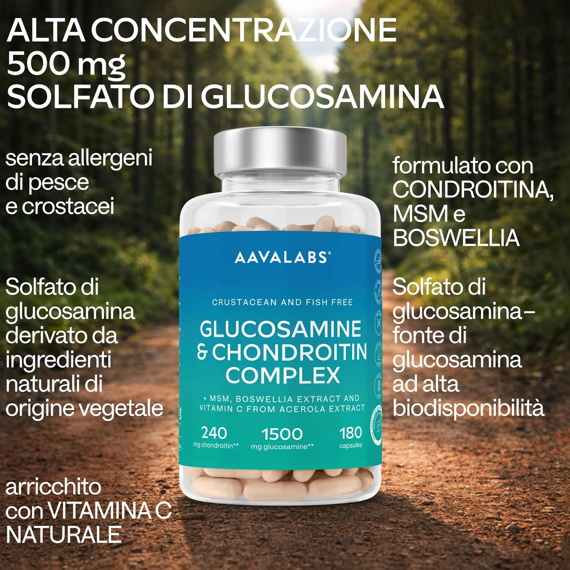 Glucosamina Condroitina MSM Integratore Alto Dosaggio con Boswellia Serrata e Vitamina C Naturale da Acerola - Senza Pesce e Crostacei - Integratore Difese Immunitarie, Ossa, Cartilagini - 180 Capsule