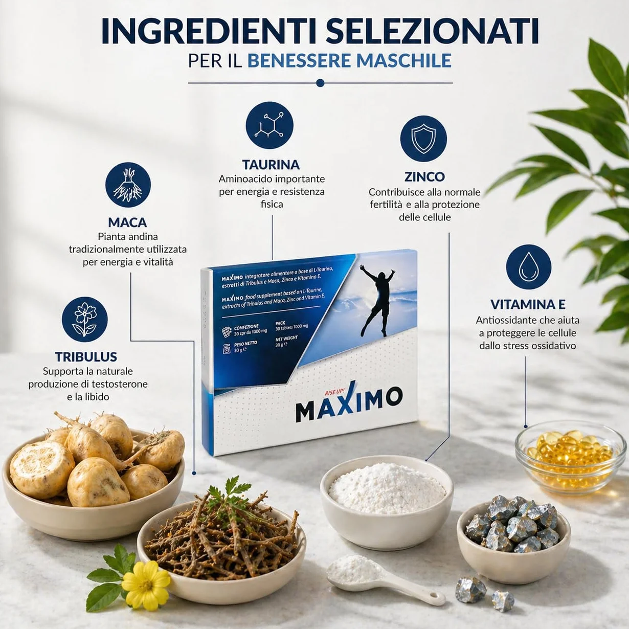 MAXIMO RiseUp Integratore Energia e Vitalità 30 Compresse Maca Taurina Zinco Vitamina E