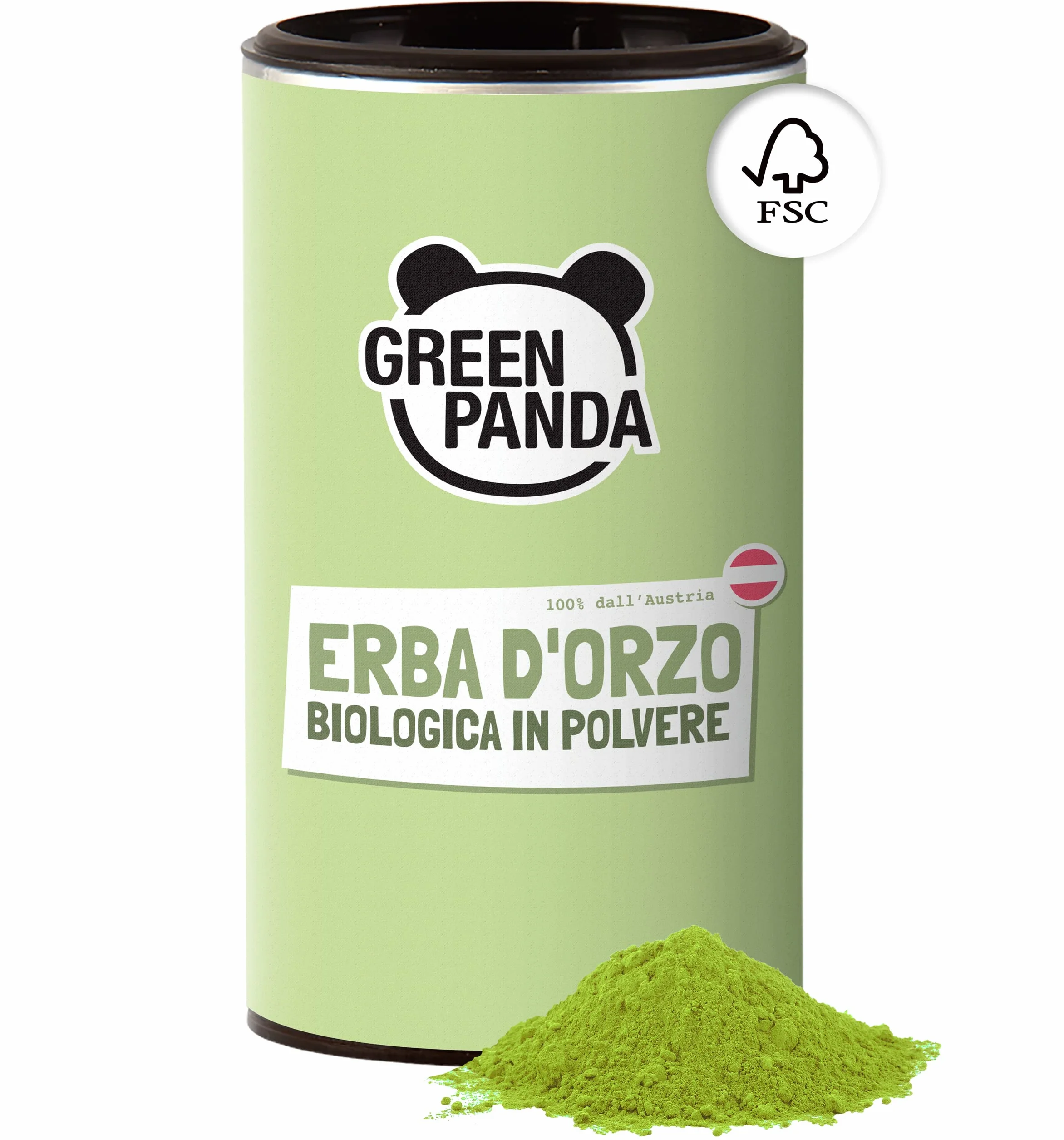 GREEN PANDA® Polvere di erba d'orzo biologica dall'Austria, succo in polvere per frullati verdi, clorofilla da bere, scatola sostenibile in cartone