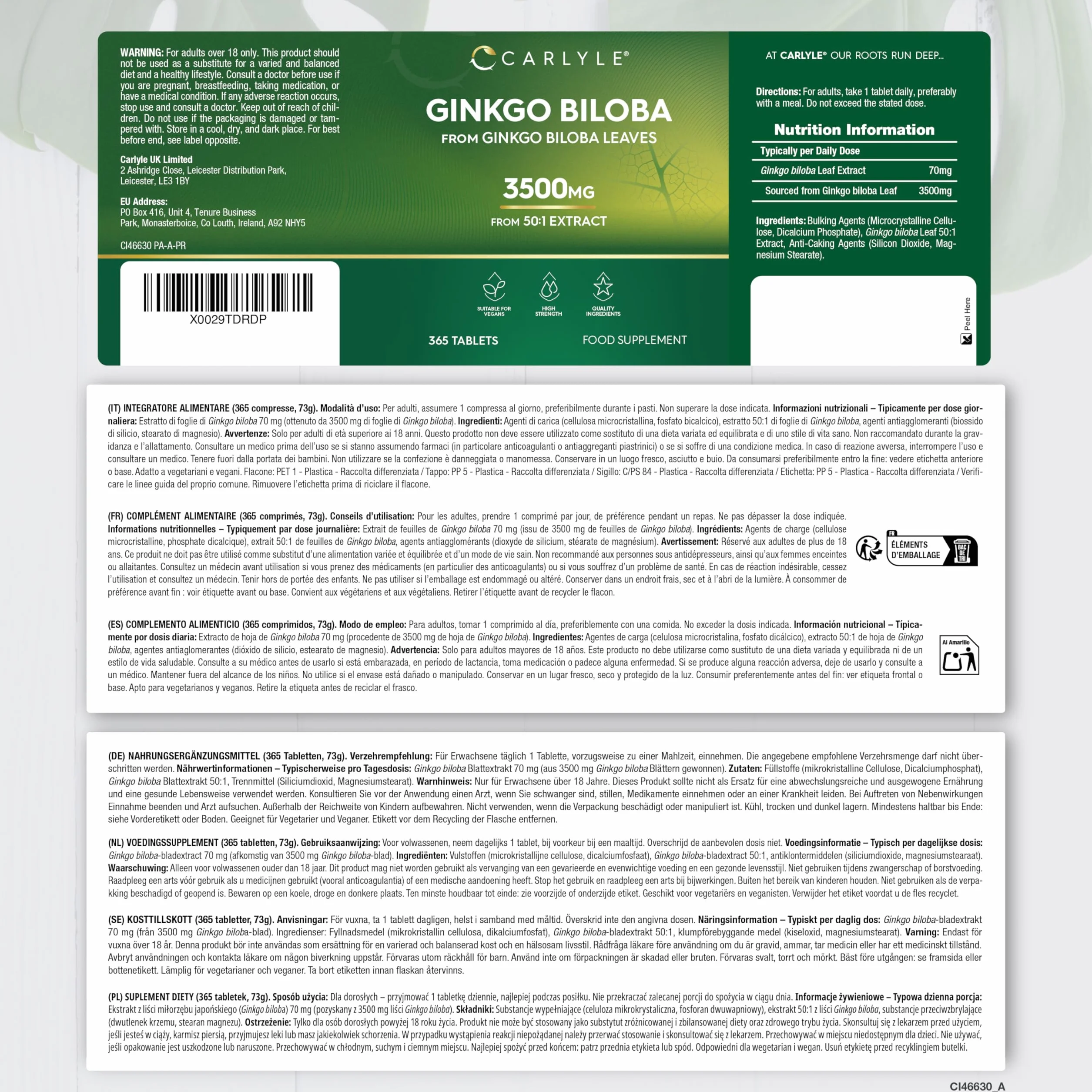 Ginkgo Biloba 3500mg | 365 Compresse | Capsule di estratto di Ginkgo | Fornitura per 1 anno | Alto Dossagio | Carlyle