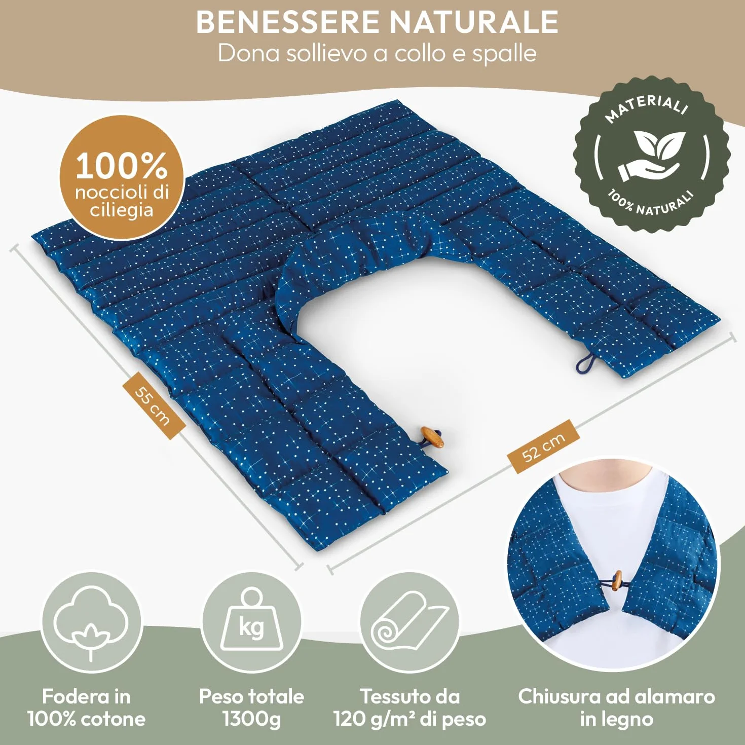 Blumtal cuscino con noccioli di ciliegia riscaldabile per cervicale - cuscino termico noccioli di ciliegio al 100% - scaldacollo da microonde fodera 100% cotone certificata OEKO-TEX - cuscino stampato