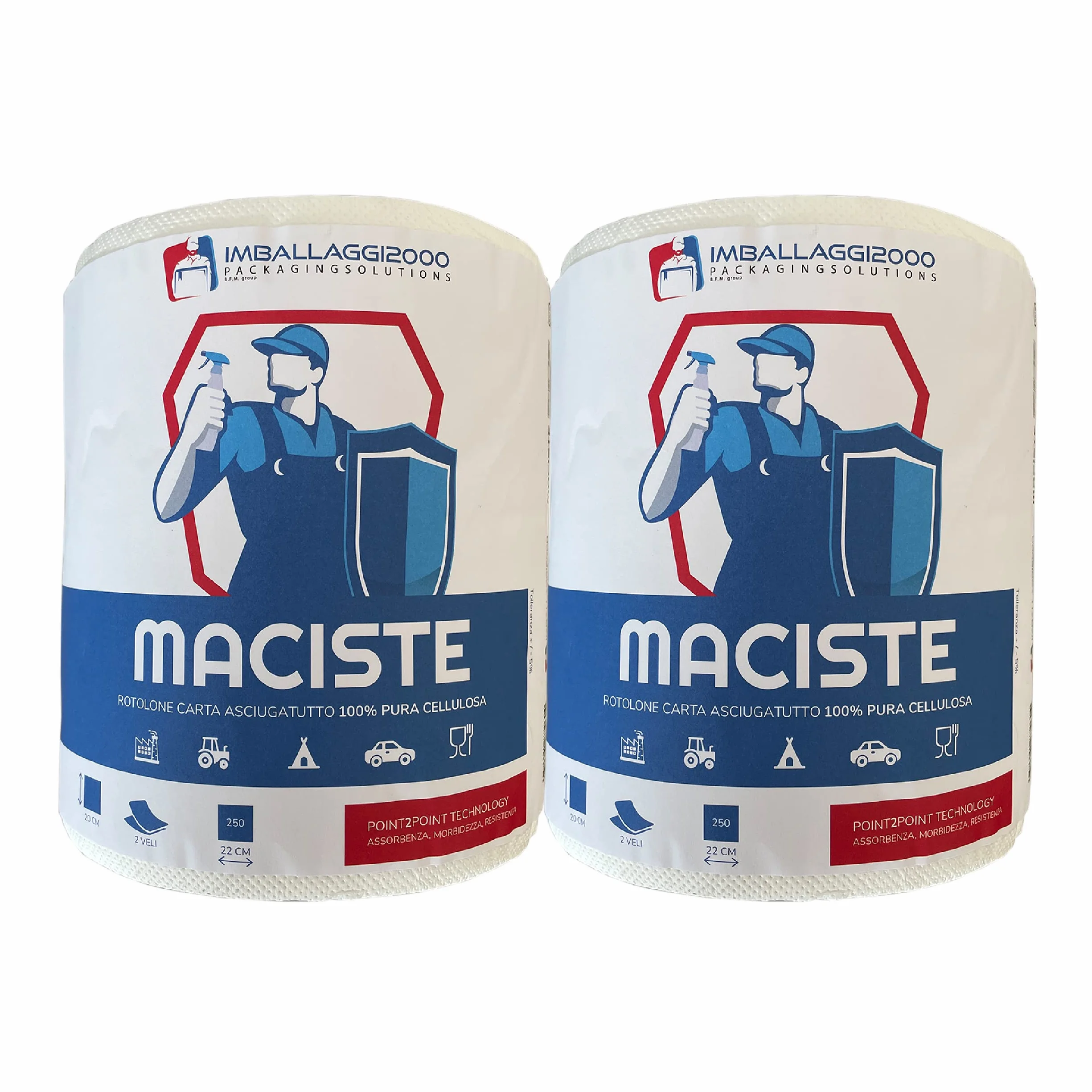IMBALLAGGI 2000 Maciste Rotoloni Asciugatutto 12 Pz 250 Strappi 20x22 cm Carta Cucina 2 Veli Cellulosa Assorbente Bobina 20Hx18Ø