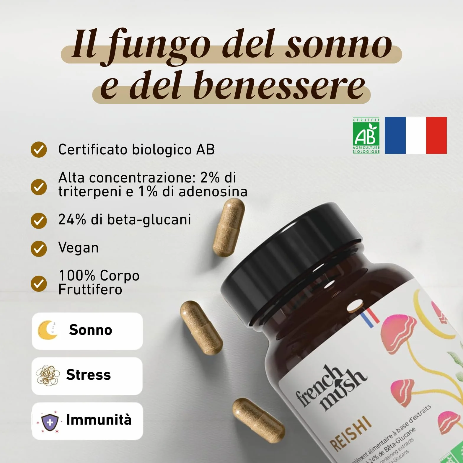 French Mush Reishi Bio 8000mg - 56 Capsule Vegane - 30% Polisaccaridi 92% Biodisponibilità - Effetto Rilassante, Sonno, Umore - Estratto di Reishi Potente - Testato in Laboratorio