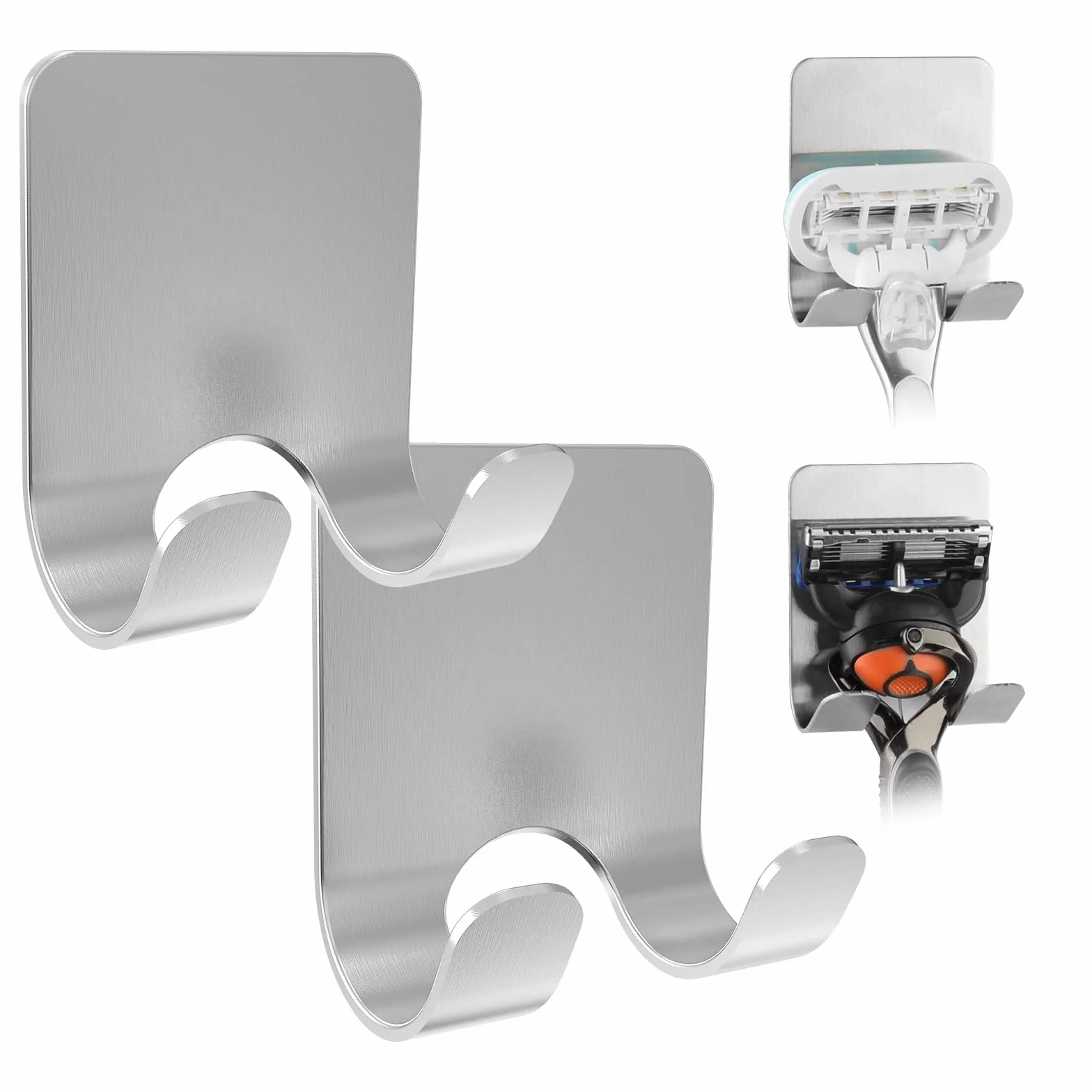 Linkidea - Confezione da 2 porta rasoio da doccia, gancio autoadesivo impermeabile in acciaio inox, senza fori, presa salda, compatibile con manici Gillette Venus e Fusion5 (argento)