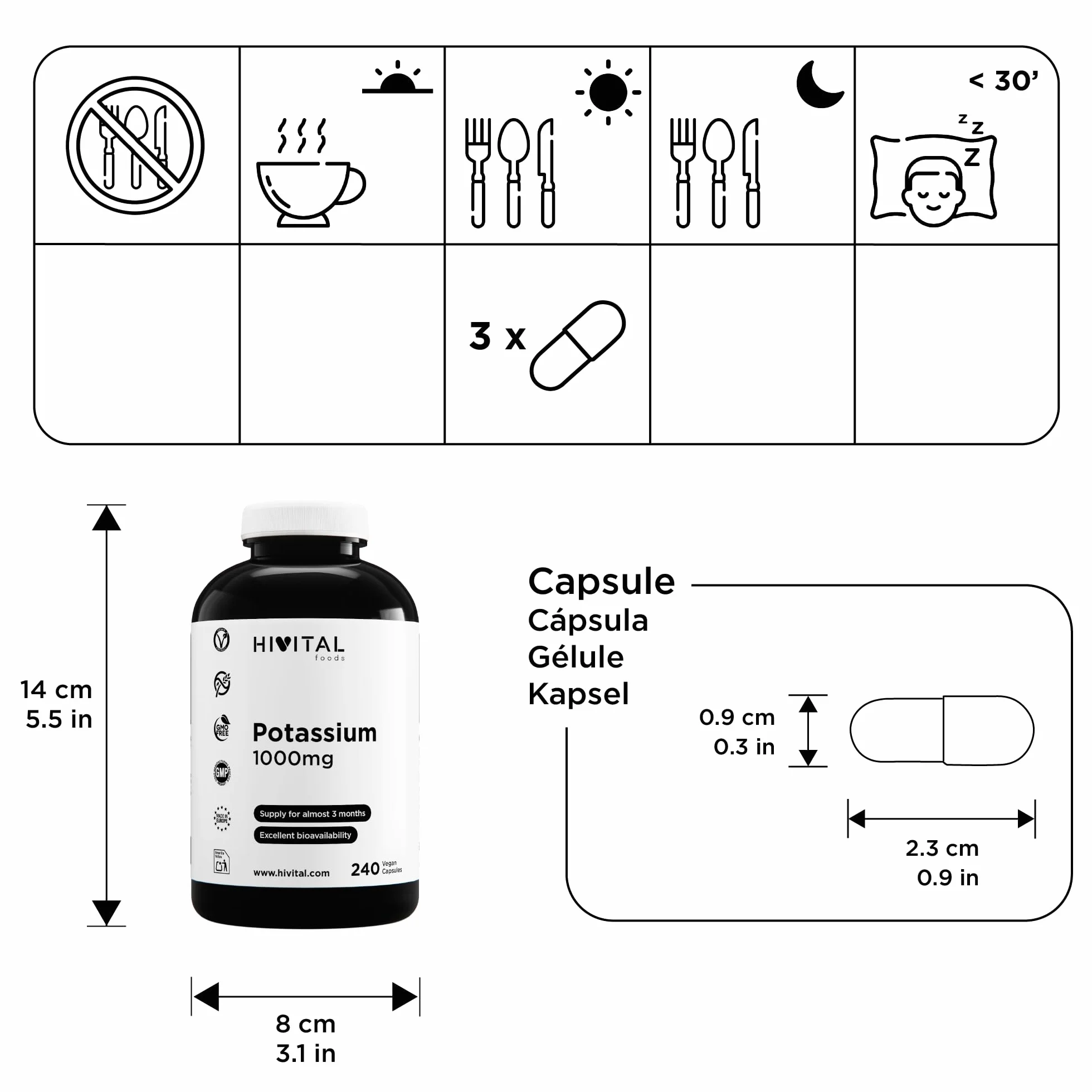 Potassio puro 1000 mg da sale organica Citrato di Potassio. 240 capsule vegane per oltre 2 mesi di trattamento. Minerale essenziale per l'organismo. Prodotto in Europa da HIVITAL