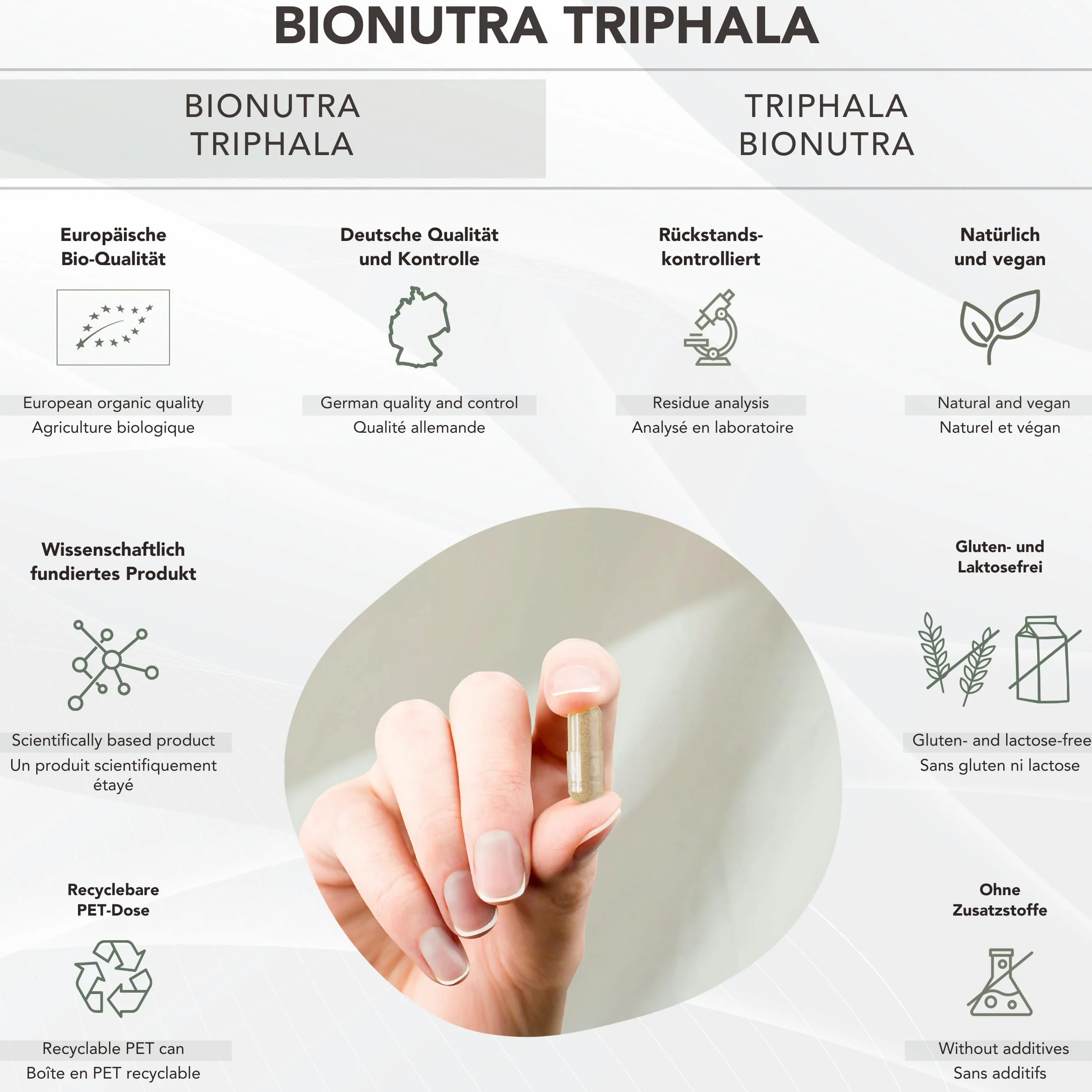 BIONUTRA® Capsule Triphala bio alto dosaggio, 1200 mg/giorno, controllo residui, produzione tedesca, vegane, senza lattosio né glutine, senza additivi, polvere Triphala bio, 270 x 600 mg