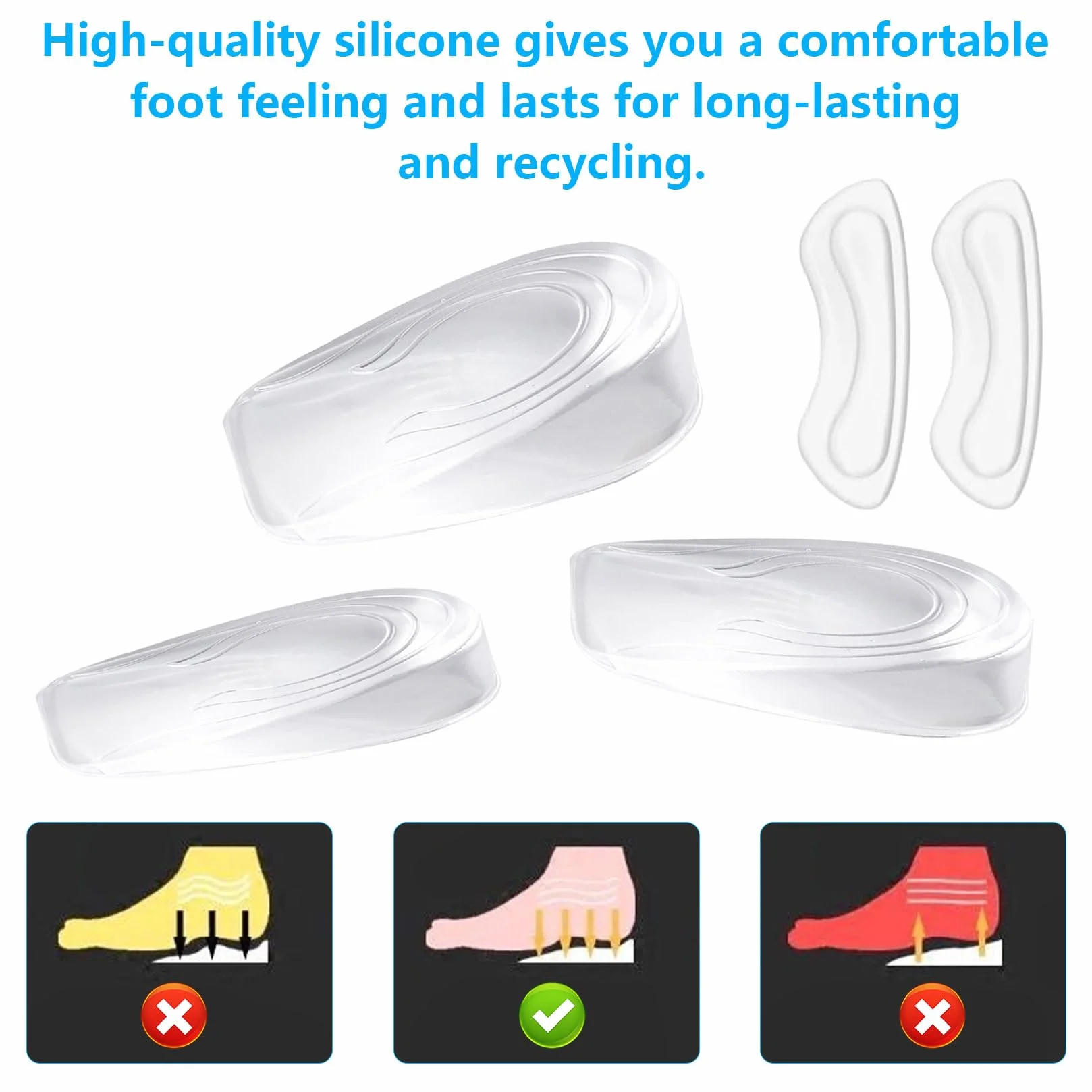 3 Paia Altezza Aumentando Tallone Solette, 1/2/3cm Rialzo Tallone per Scarpe, Solette Rialzate Donna, Talloniera di Silicone di Altezza Solettes + 1 Paio Cuscinetti per Tallones