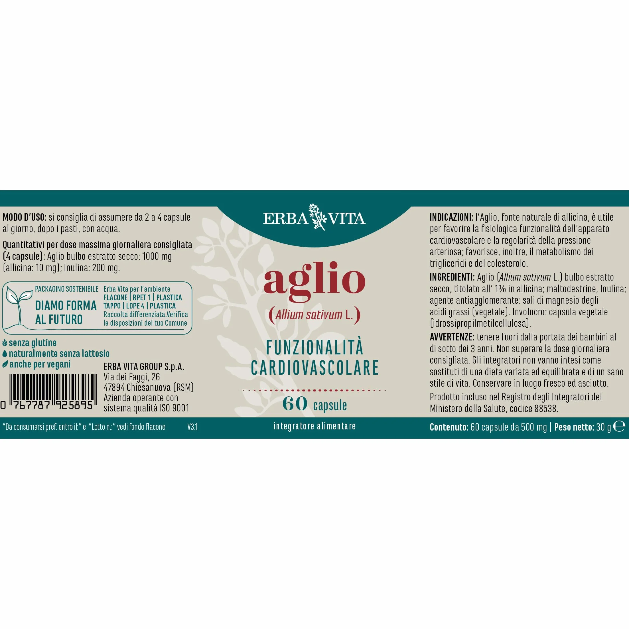 ERBA VITA Integratore Alimentare di Aglio - 60 Capsule - È utile alla funzionalità cardiovascolare e alla pressione arteriosa