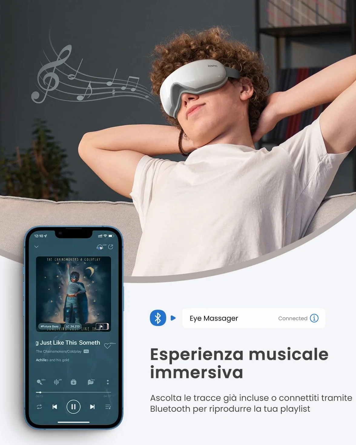 RENPHO Eyeris 1 - Massaggiatore per gli occhi con calore e telecomando, Maschera occhi con musica Bluetooth per l'emicrania, Relax e affaticamentoa, Regali per donne e uomini