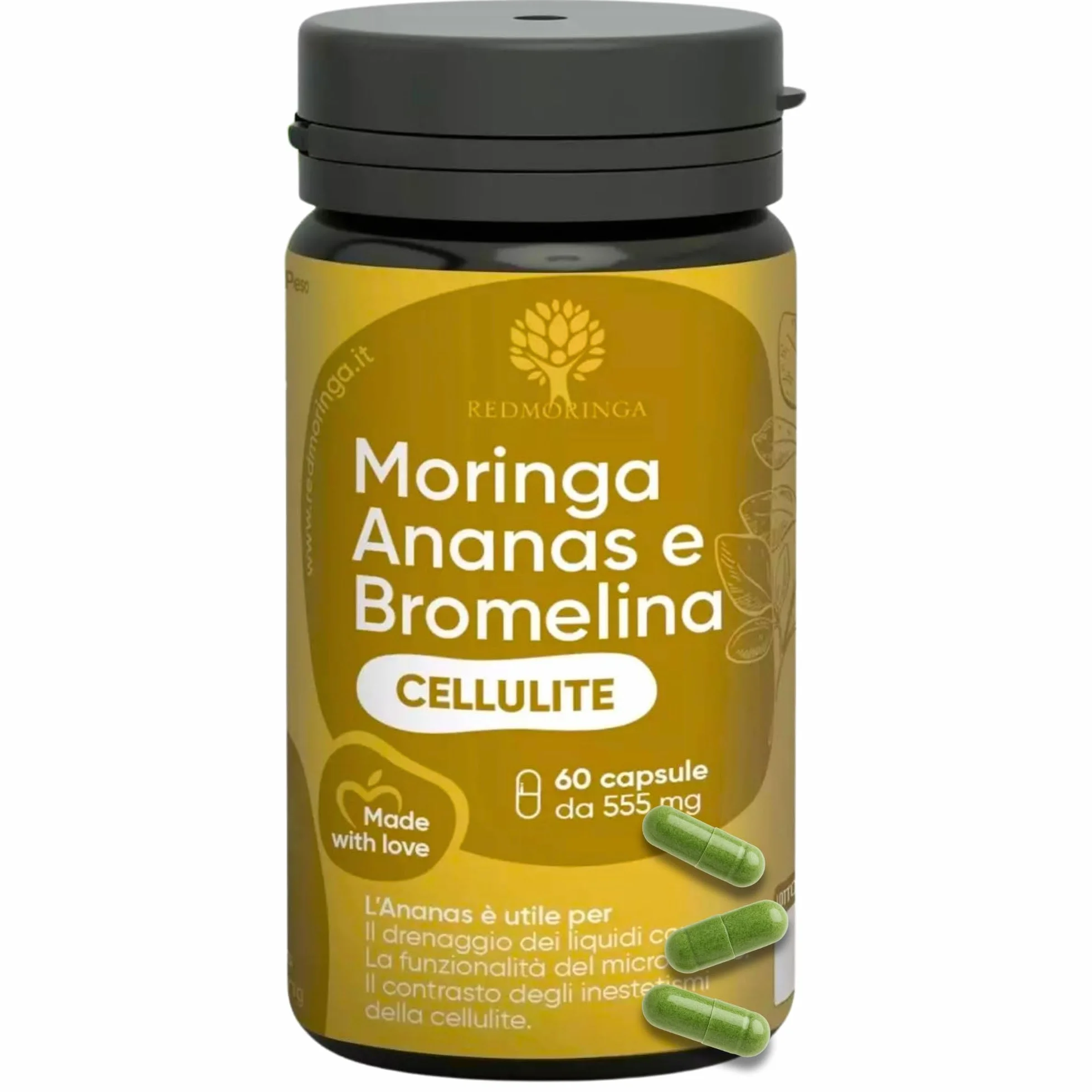 Bromelina Forte Drenante 5000 GDU 100% Naturale Anticellulite Integratore con Moringa Bio e Ananas 60 Capsule Vegane Made in Italy RedMoringa