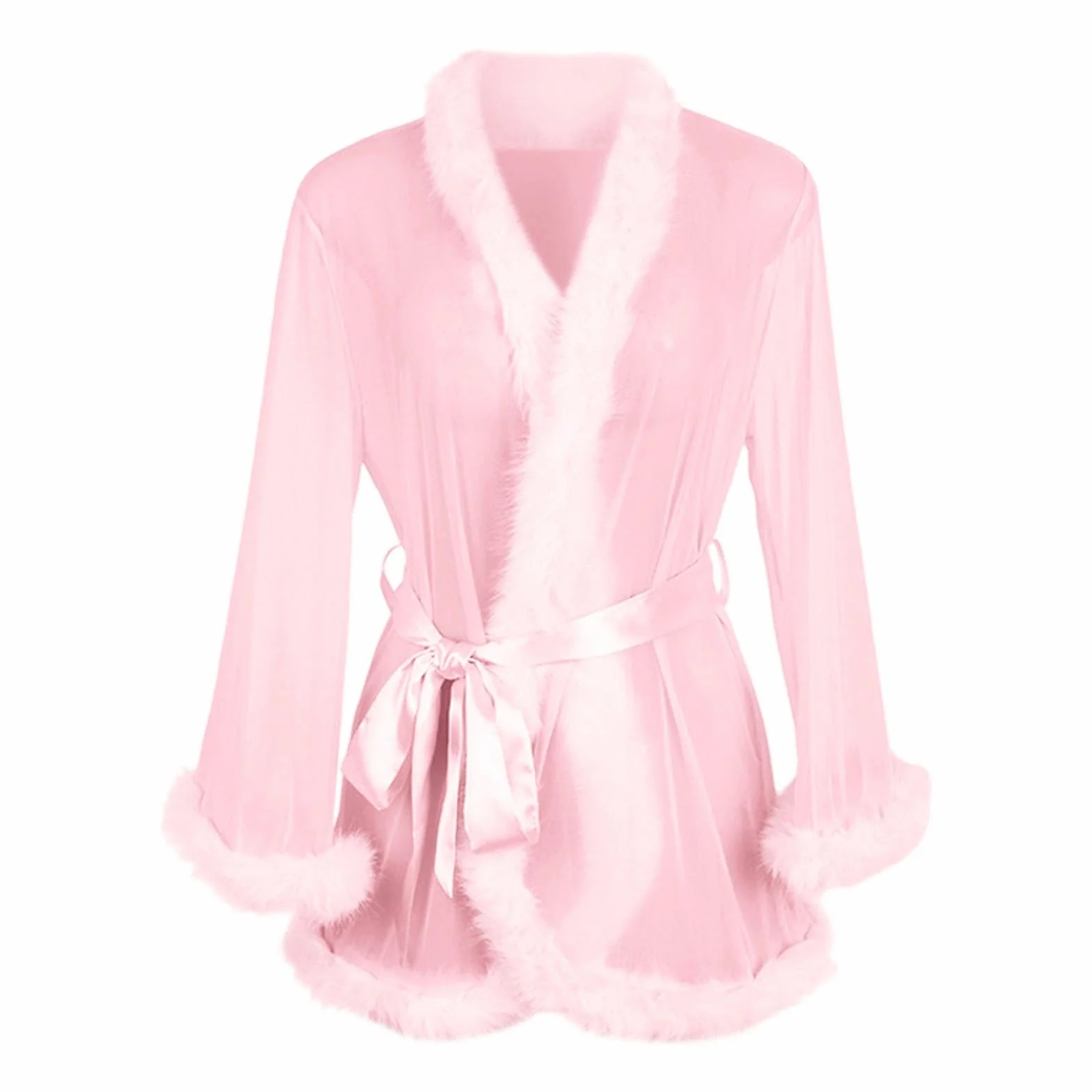 Vestaglia da donna in chiffon trasparente kimono corto con bordo in pelliccia e cintura