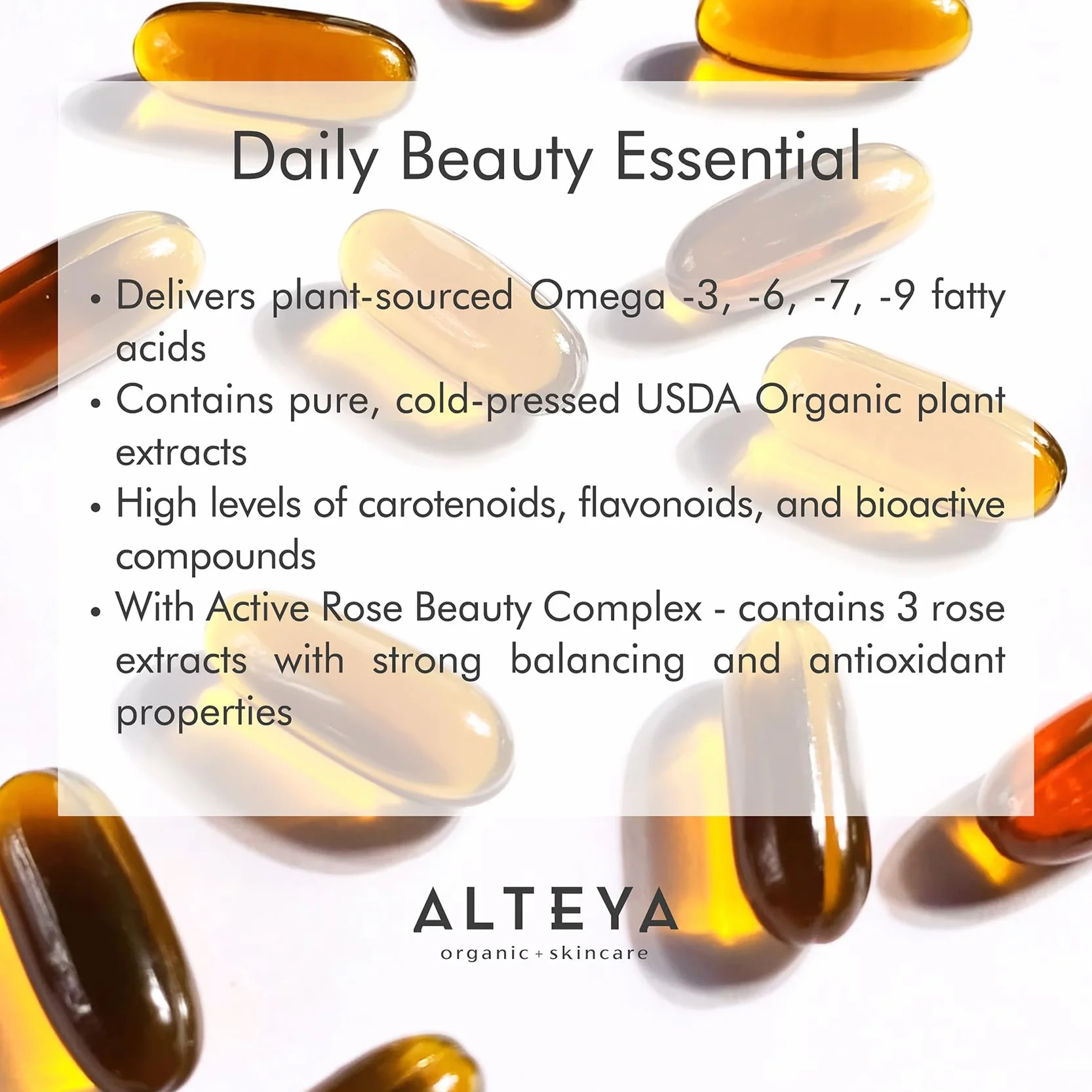 Alteya Bio Rose Beauty Omegas Omega 3+6+7+9 + Antiossidanti 30 Capsule Certificato Biologico USDA Pelle Capelli