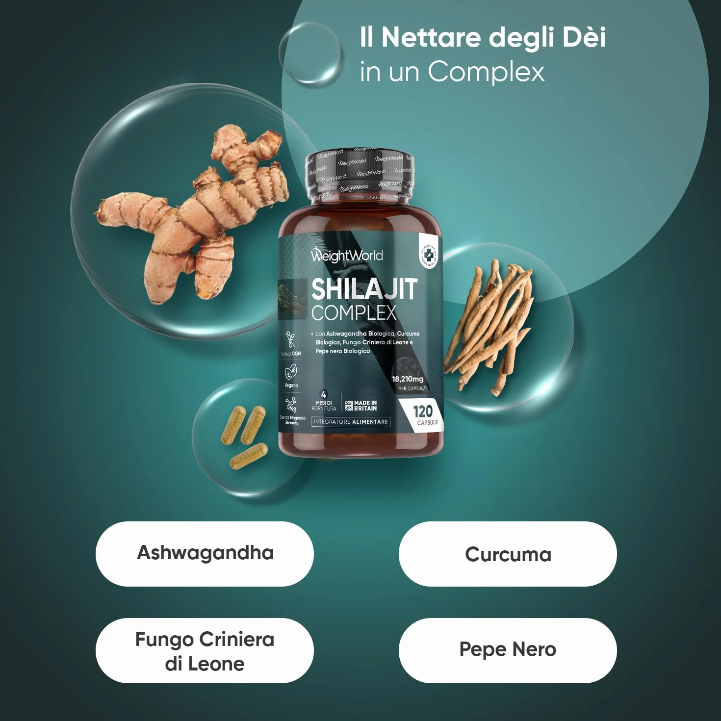 Shilajit Complex 18210mg, 120 Capsule Vegane, 1 al Giorno (per 4 Mesi), con Ashwagandha Bio, Curcuma Bio, Lions Mane Mushroom, Pepe Nero, Shilajit Integratore, Estratto 40:1, Senza Magnesio Stearato