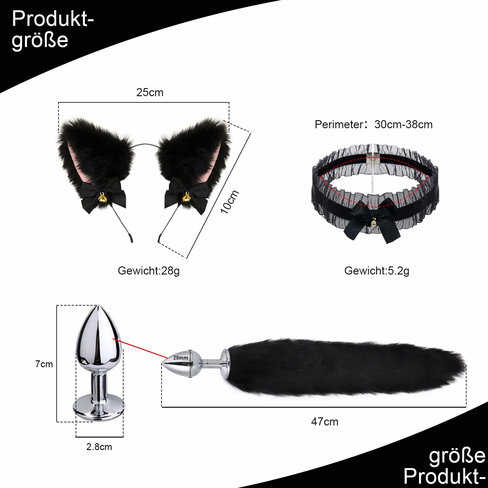 BDSMYOU BDSM Zestaw Akcesoriów Sex Toys z Coda di Volpe, Morsetti per Capezzoli, Collare, Orecchie di Gatto, Maschera (Nero)