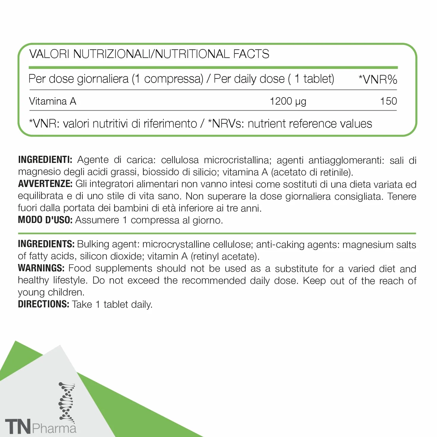 Tn Pharma Vitamina A, 1200 µg, 60 Compresse, Integratore Alimentare, Senza Glutine e Lattosio, Per Sistema Immunitario, Vista e Pelle