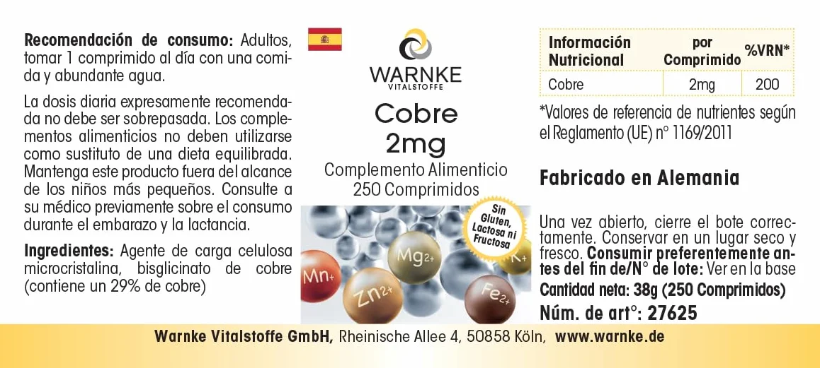 Rame 2mg - 250 compresse, ciascuna contenente 2mg - Bisglicinato di rame - ALTO DOSAGGIO - Qualità farmaceutica tedesca - vegano | Warnke Vitalstoffe