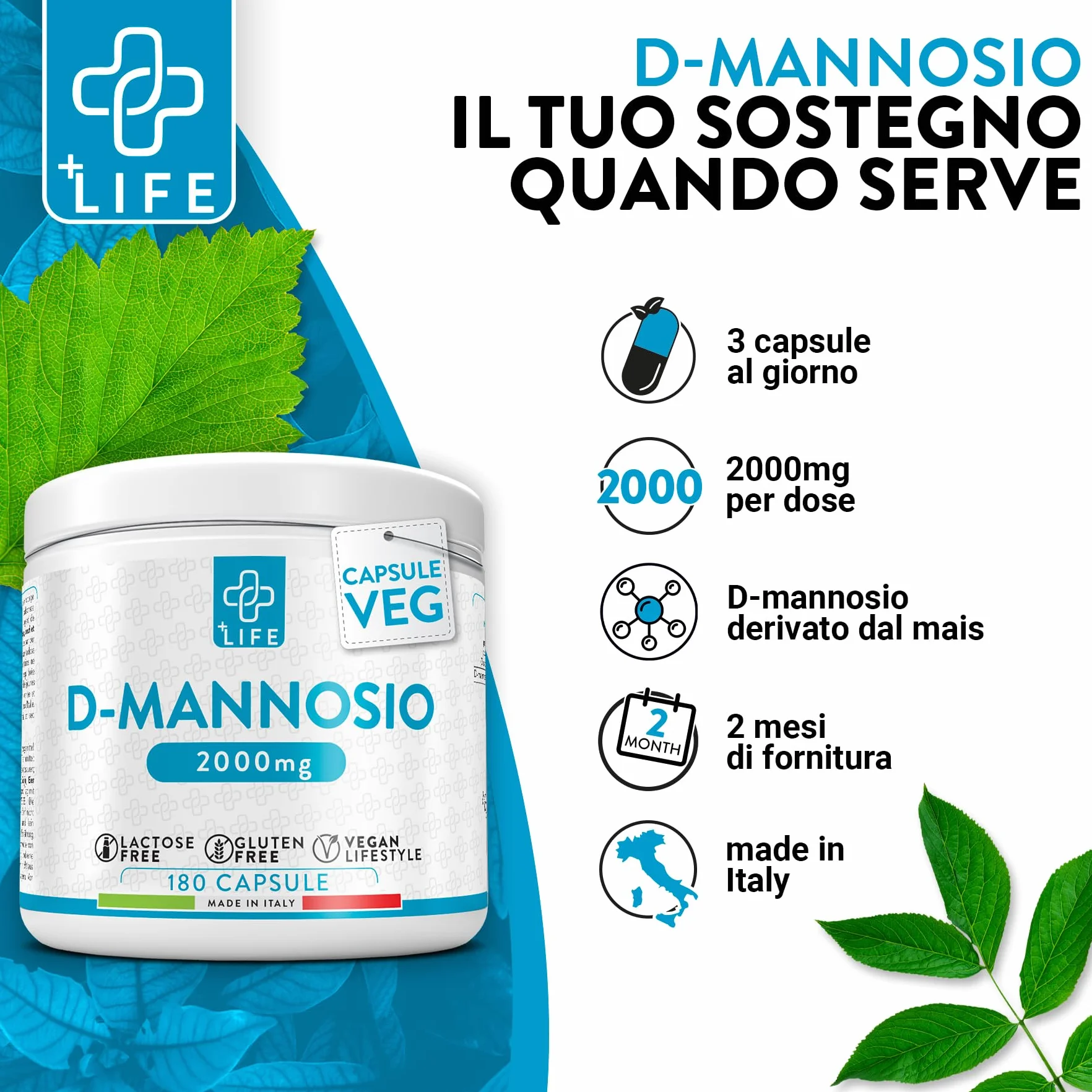 D Mannosio Puro 2000mg 180 Capsule PiùLife, 3 Al Giorno, Integratore Vie Urinarie Donna, Integratore Cistite, Benessere Quotidiano, Sostituto Al Mirtillo Rosso