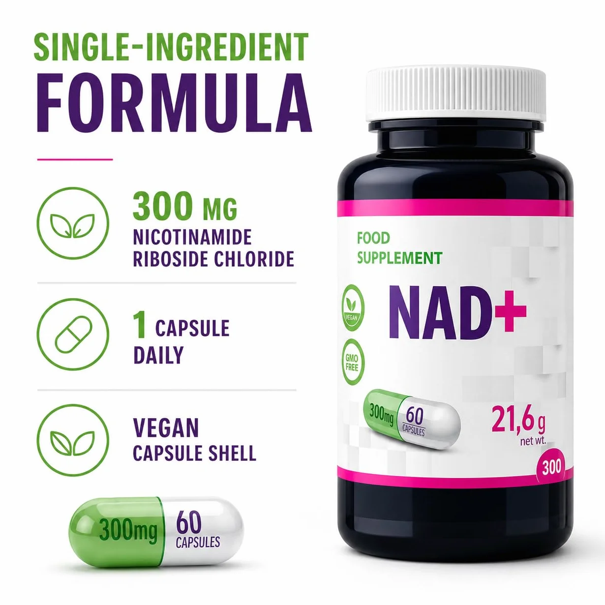 Hepatica NAD+ Nicotinammide Riboside 300 mg | 60 Capsule Vegane | Scorta 2 Mesi | Ingrediente Unico | GMP & laboratorio indipendente