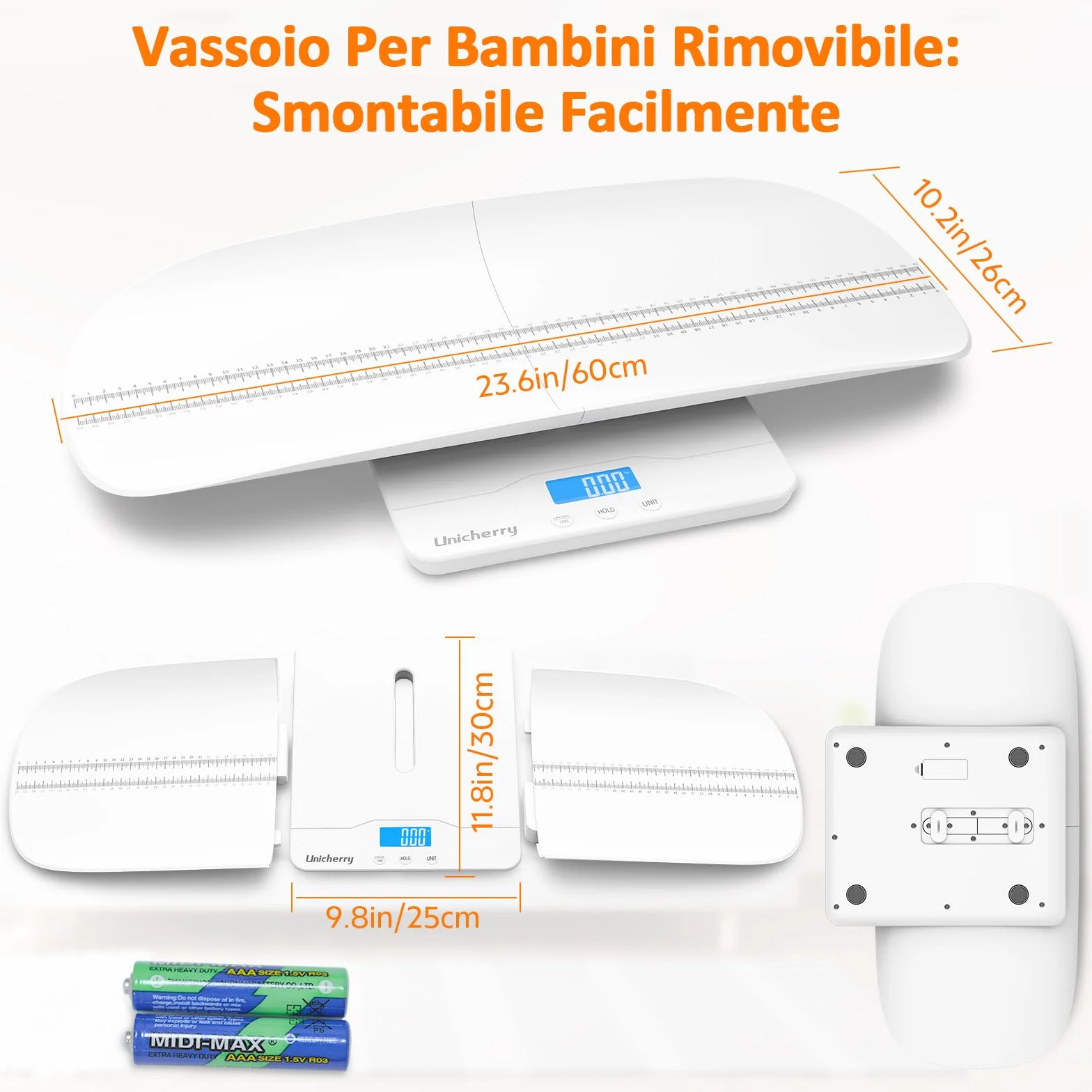 Bilancia Neonato Digitale Multifunzionale con Vassoio Removibile, Funzioni Tare e Hold