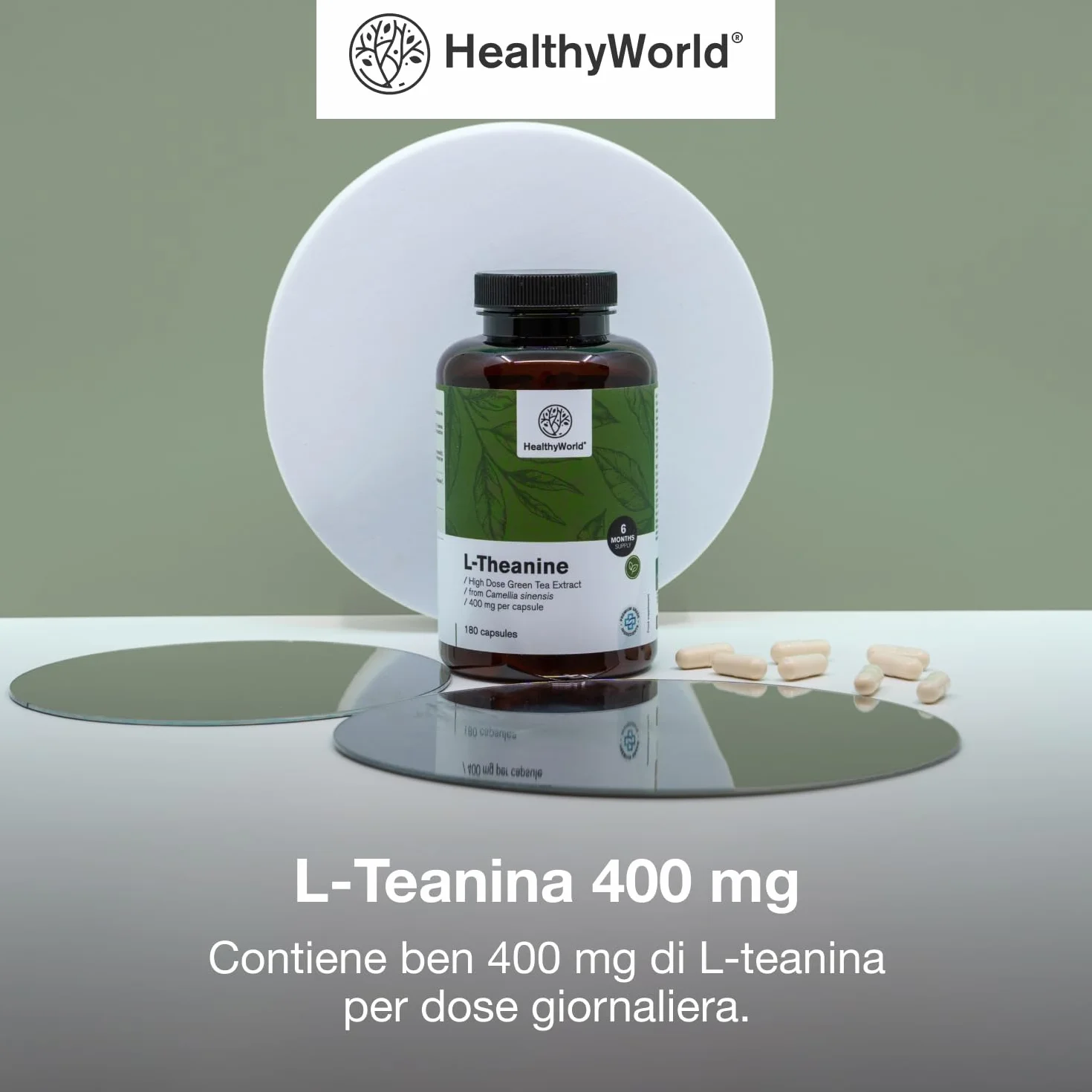 HealthyWorld L-Teanina 400 mg - 180 Capsule - Estratto di tè verde - Alta concentrazione - Aminoacido efficace - Supporto naturale per l'organismo - Vegetariano e non OGM
