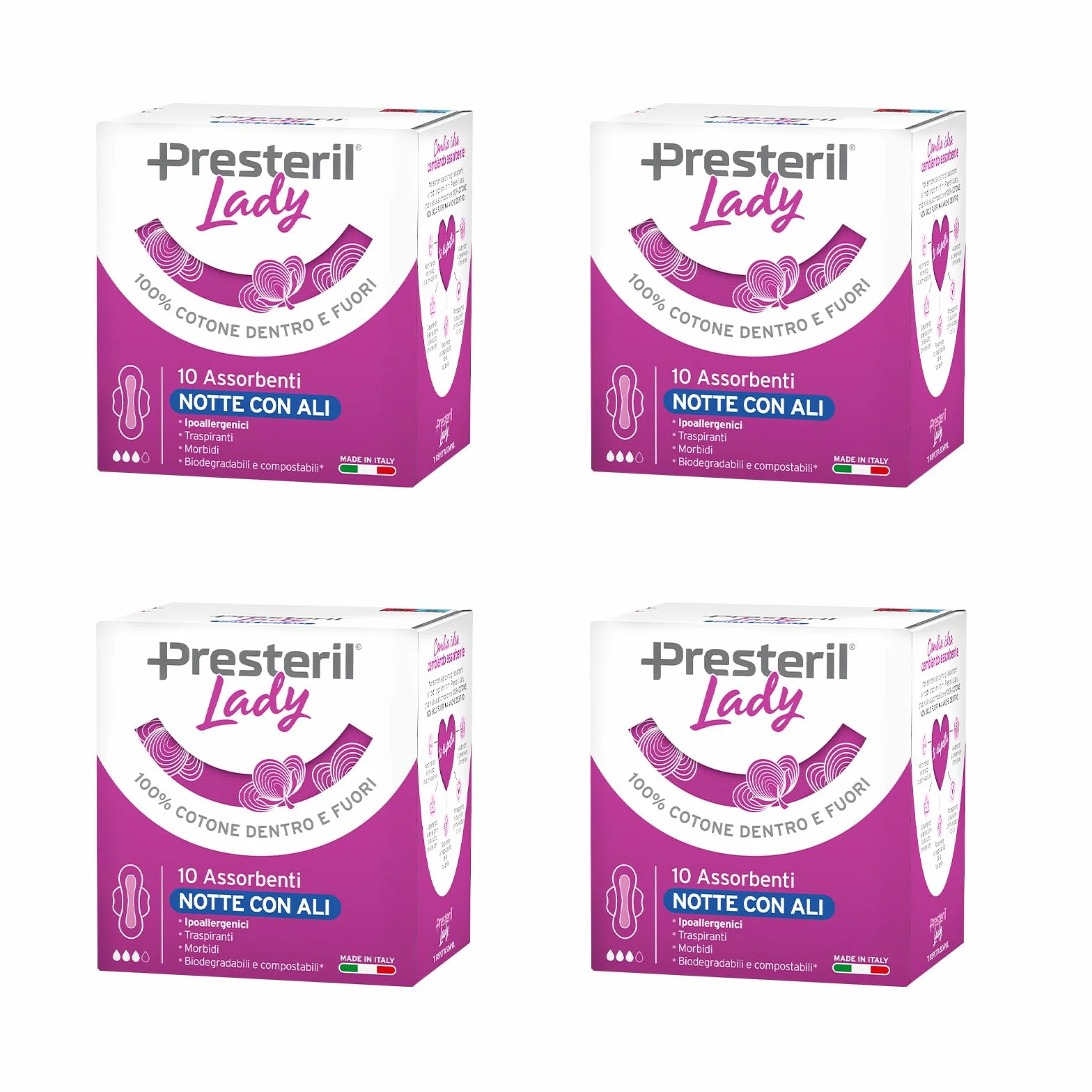 Presteril Lady, Assorbenti Esterni Notte con Ali in Cotone 100% Biodegradabile, 4 Confezioni da 10 unità (totale 40)