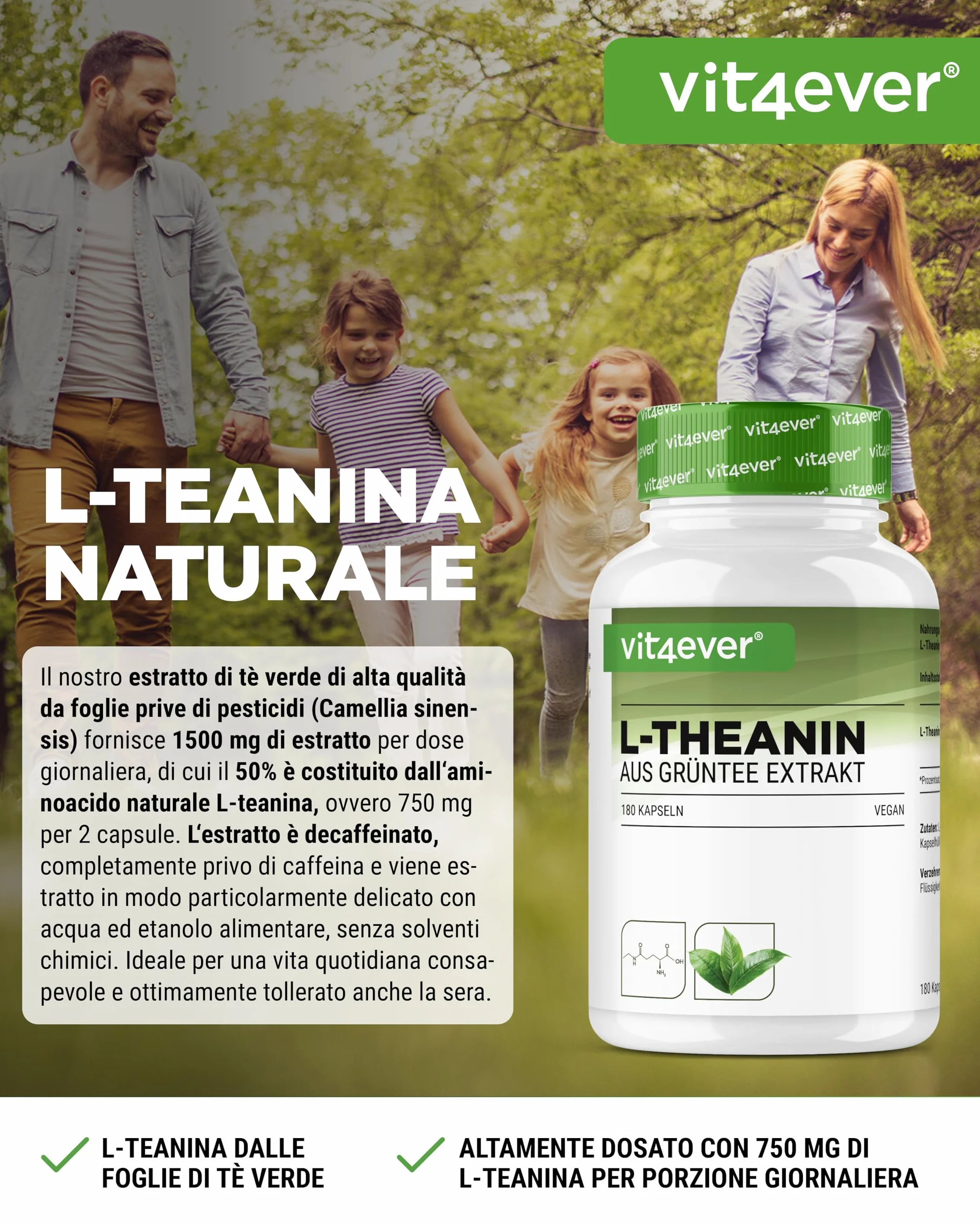 L-Teanina - 180 capsule - 750 mg per dose giornaliera - Da estratto naturale di tè verde - Alta dose - Vegana