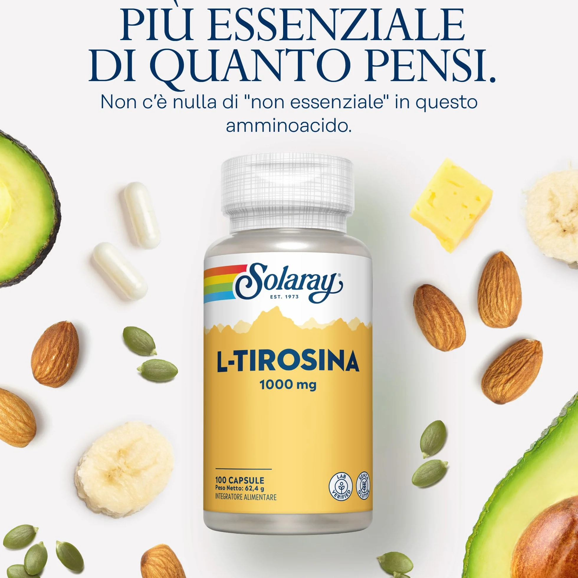 Solaray L-Tirosina 1000mg 100 Capsule Integratore di Aminoacidi Essenziali