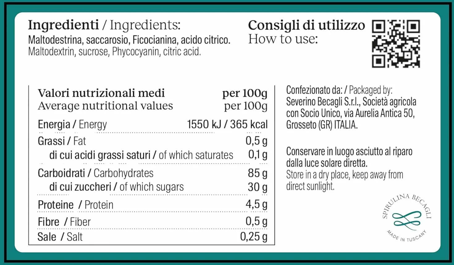 Spirulina Blu In Polvere 20 g, Colorante Alimentare Naturale A Base Di Ficocianina, Polvere Blu Per Bevande, Made in Italy, Vegan