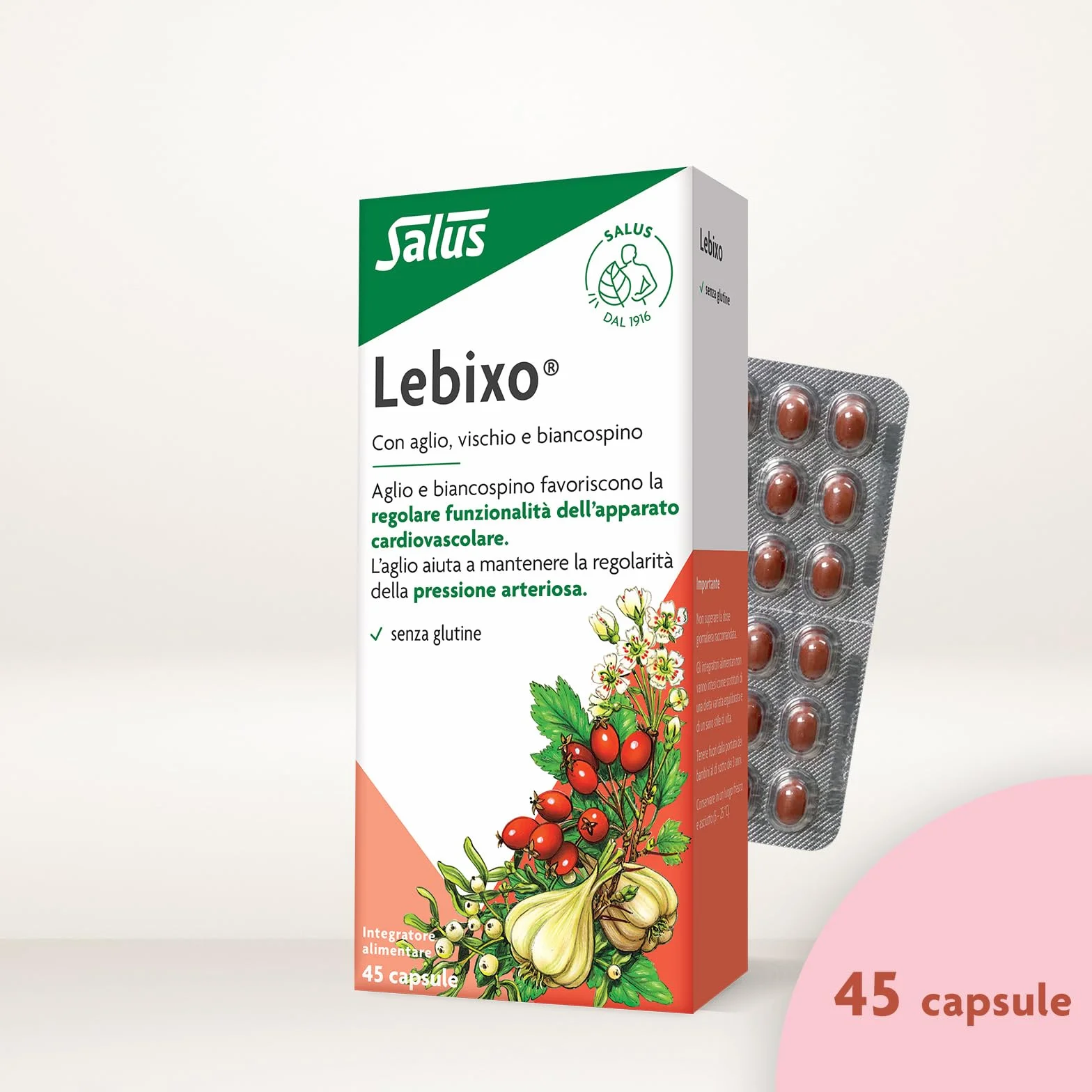 Salus Lebixo - Integratore Alimentare per la regolarità cardiovascolare e della pressione arteriosa, a base di Aglio, Vischio e Biancospino - 45 Capsule