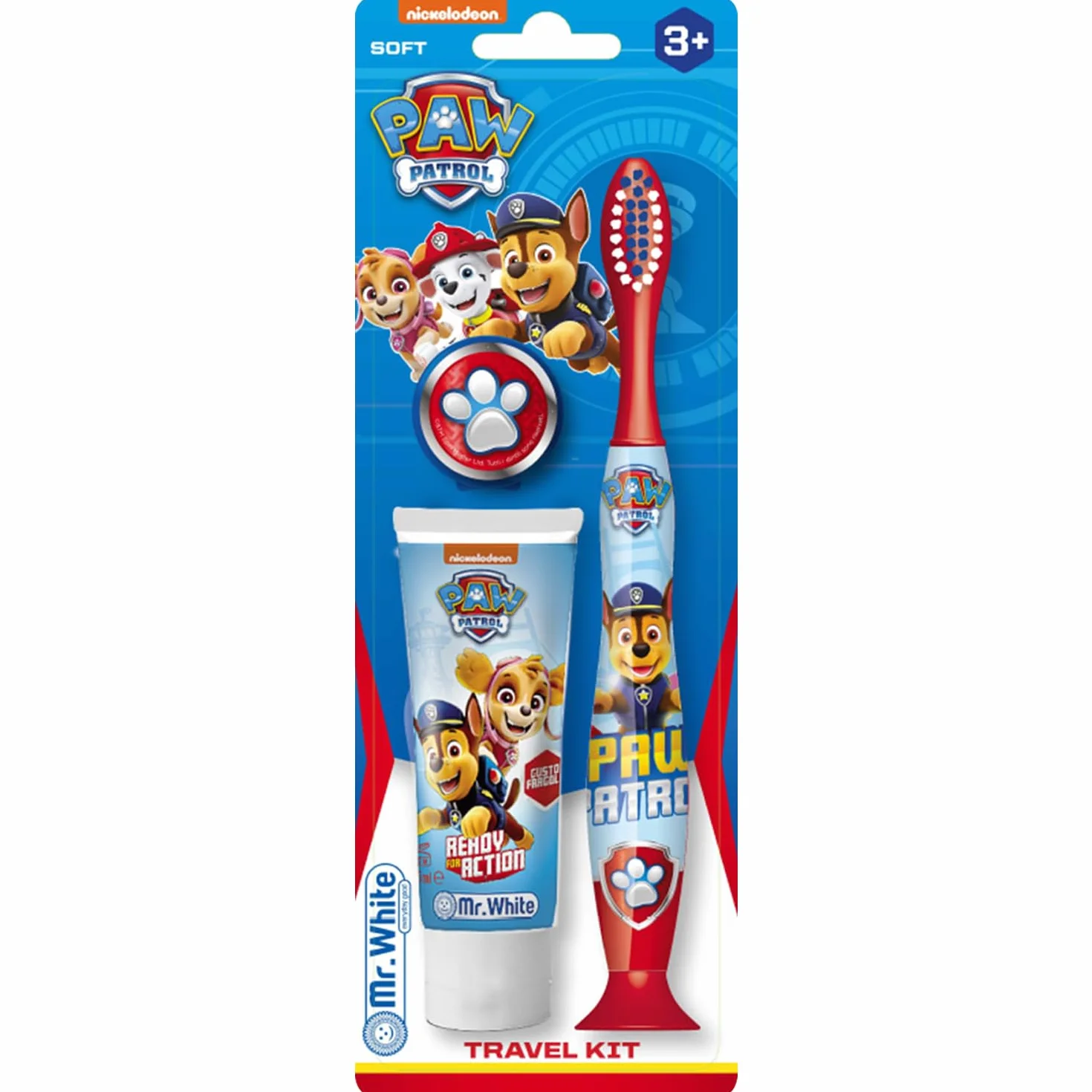 Paw Patrol, set da viaggio per bambini, include dentifricio aromatizzato alla fragola e spazzolino a setole morbide con ventosa e tappo protettivo, kit per l'igiene orale adatto ai viaggi per bambini