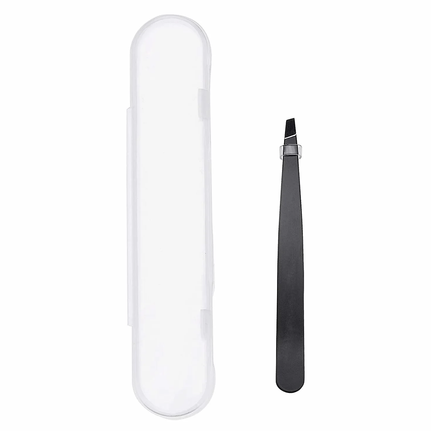 Amazon Basics Pinzette a punta obliqua,professionali,in acciaio inox,per efficace rimozione di peli,ideali per routine di bellezza quotidiana,con custodia da viaggio, colore: nero, Confezione da 1