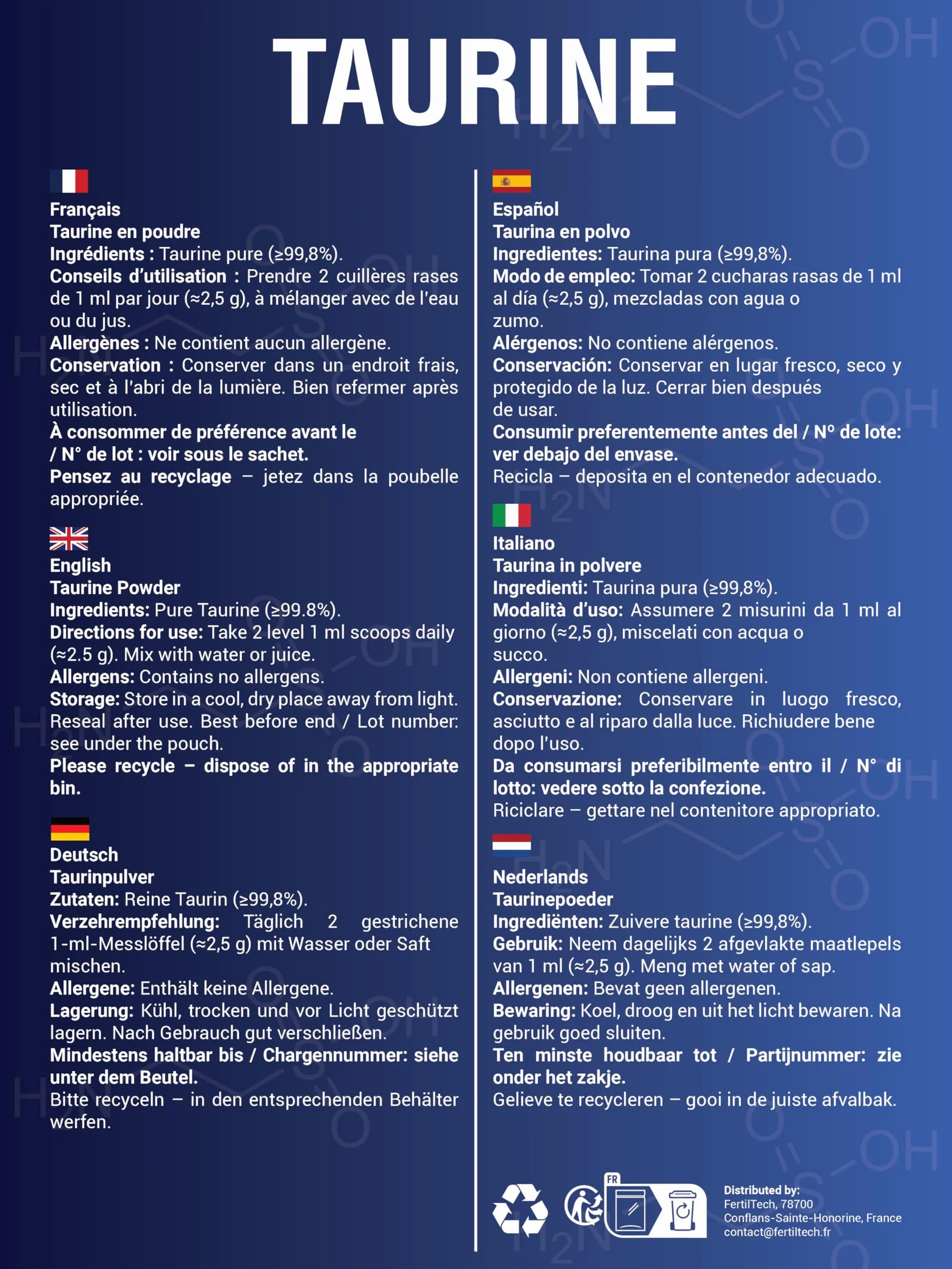 Taurina in Polvere 1,2 kg - Purezza ≥ 99,8% - Integratore alimentare Vegano