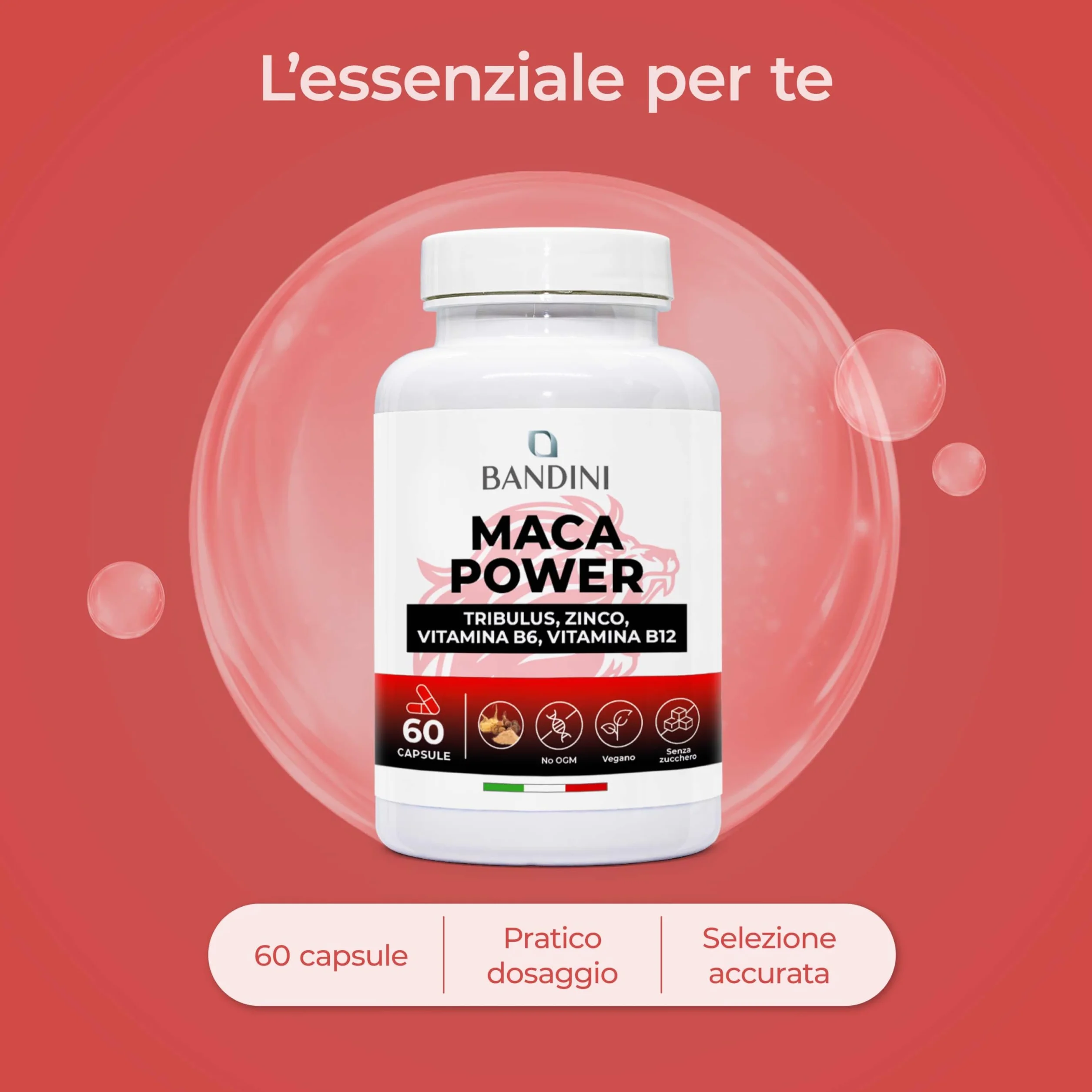 Bandini® MACA POWER Peruviana, 60 Capsule 100% Vegane, Complesso ad Alto Dosaggio con Tribulus, Arginina, Zinco, Vitamina B6 e B12 - Stanchezza Fisica e Mentale, Energia, Sport - Made in Italy